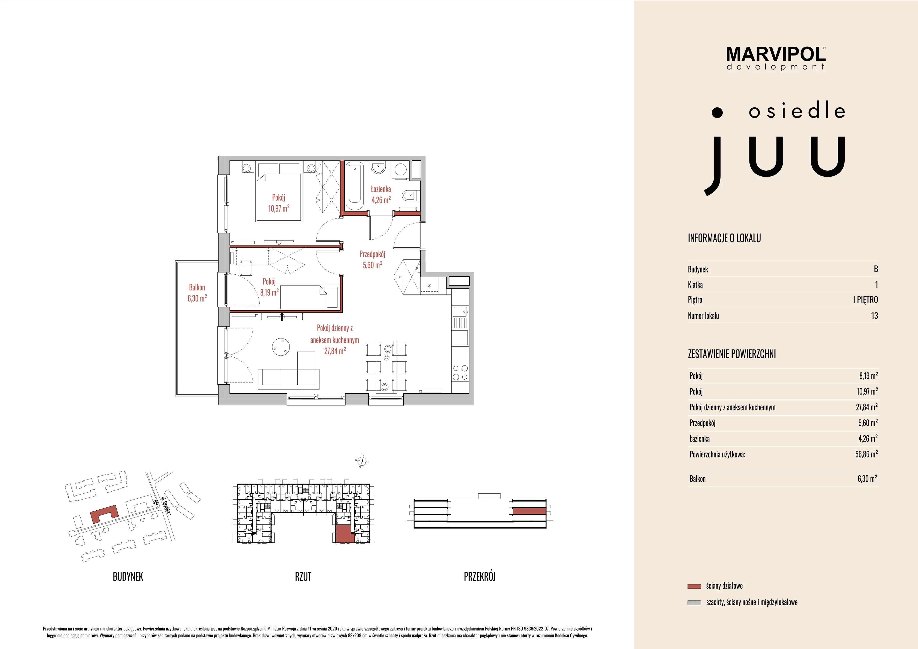 3 pokoje, mieszkanie 56,89 m², piętro 1, oferta nr B/M013, Osiedle Juu, Warszawa, Białołęka, Grodzisk, ul. Skarbka z Gór 47