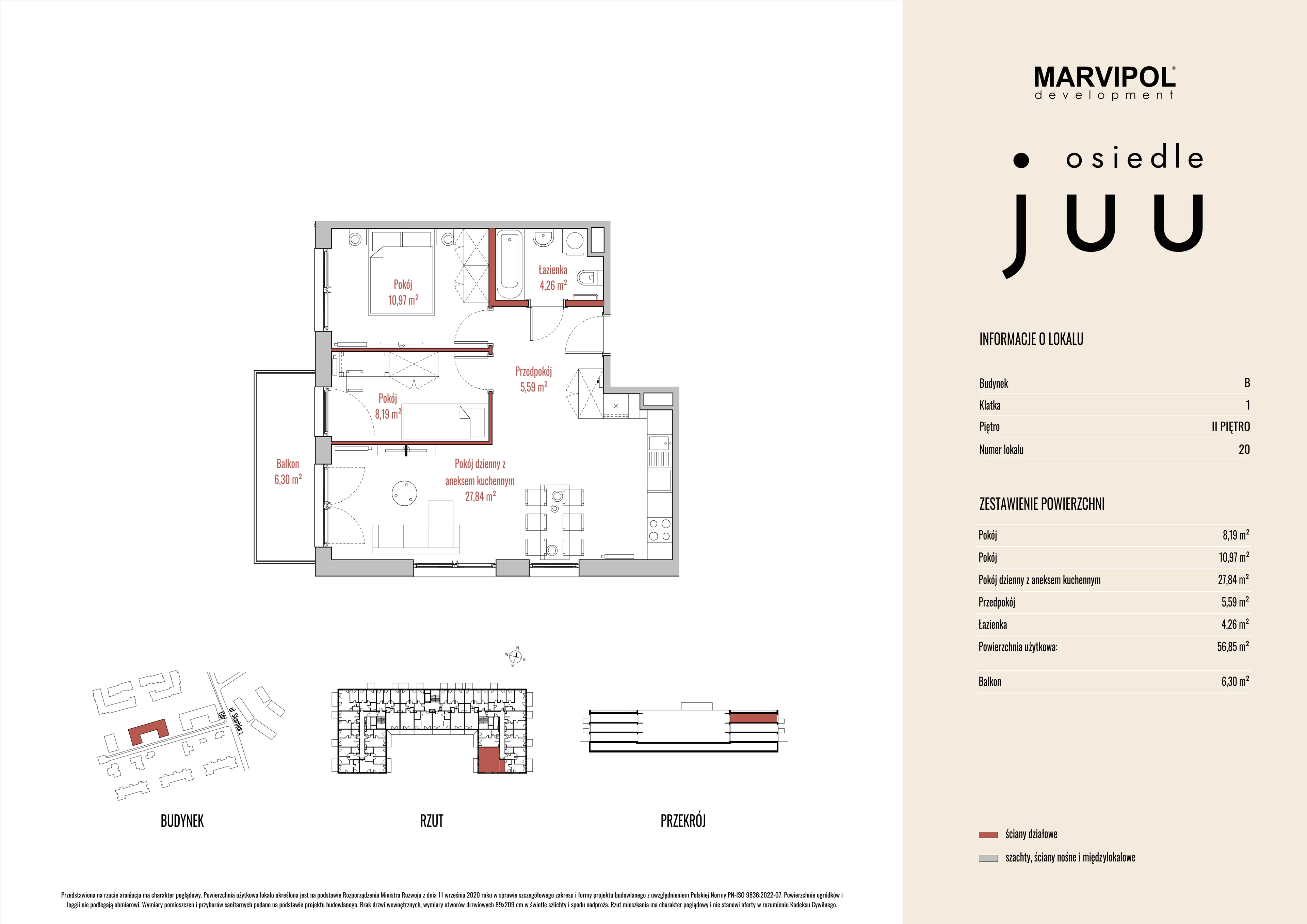 3 pokoje, mieszkanie 56,88 m², piętro 2, oferta nr B/M020, Osiedle Juu, Warszawa, Białołęka, Grodzisk, ul. Skarbka z Gór 47