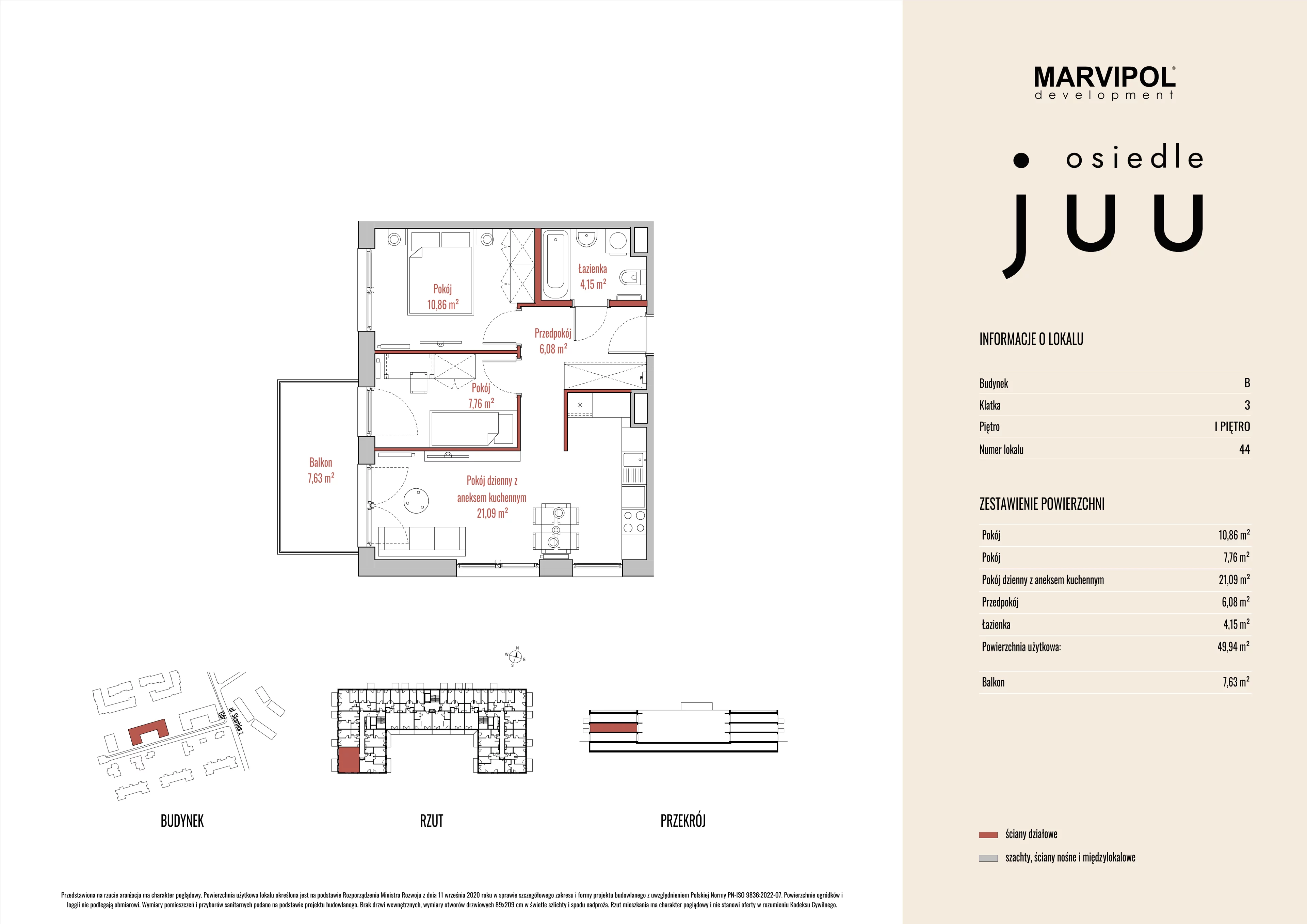 3 pokoje, mieszkanie 49,97 m², piętro 1, oferta nr B/M044, Osiedle Juu, Warszawa, Białołęka, Grodzisk, ul. Skarbka z Gór 47