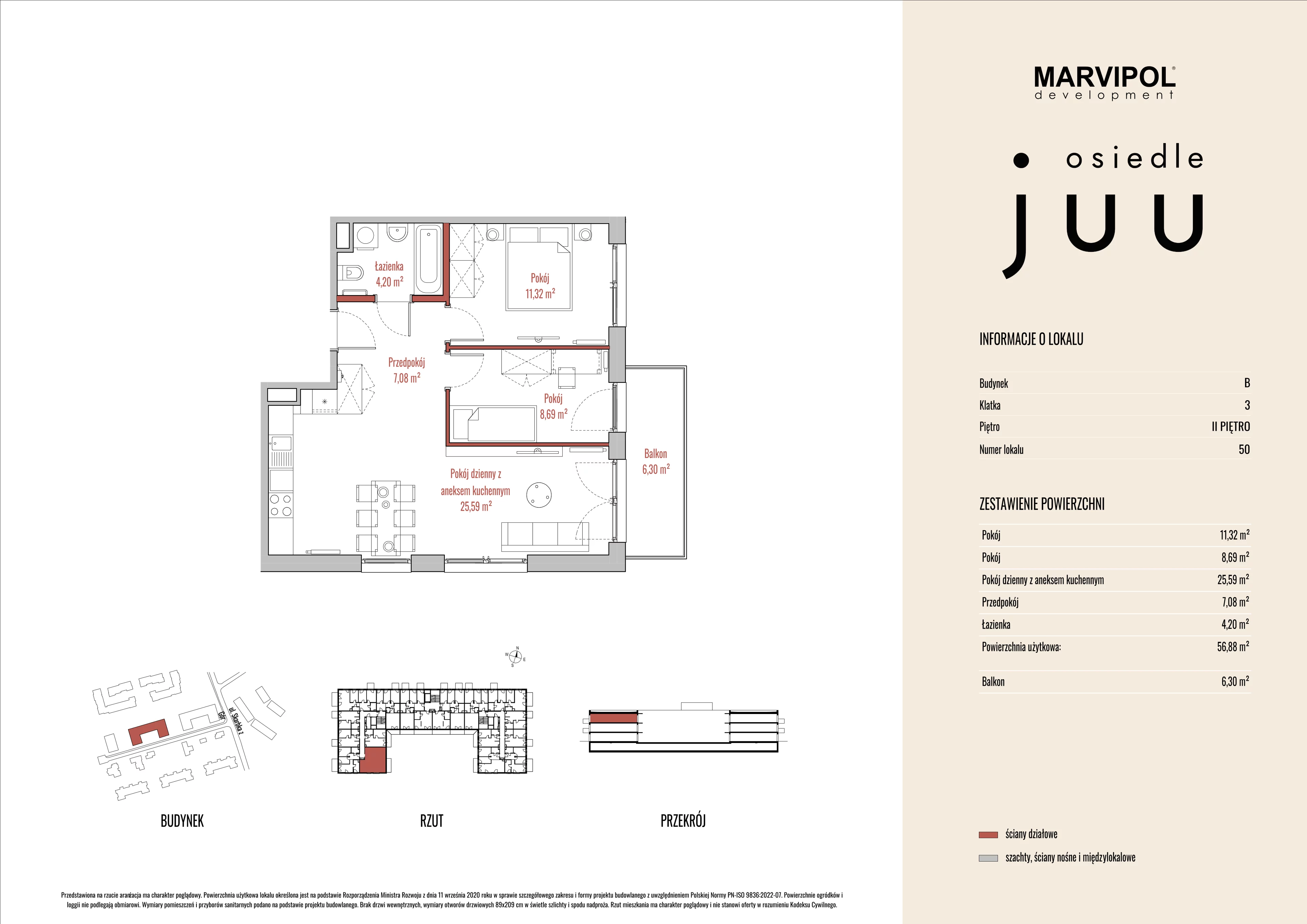 3 pokoje, mieszkanie 56,88 m², piętro 2, oferta nr B/M050, Osiedle Juu, Warszawa, Białołęka, Grodzisk, ul. Skarbka z Gór 47