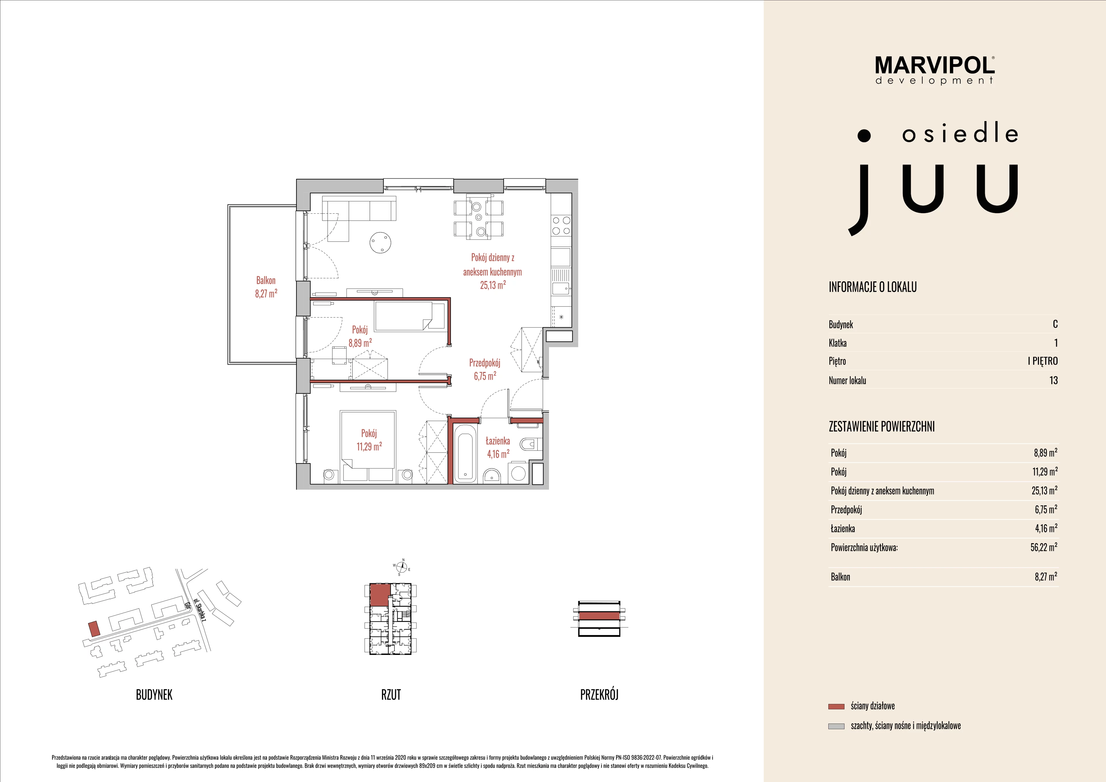 3 pokoje, mieszkanie 56,26 m², piętro 1, oferta nr C/M013, Osiedle Juu, Warszawa, Białołęka, Grodzisk, ul. Skarbka z Gór 47