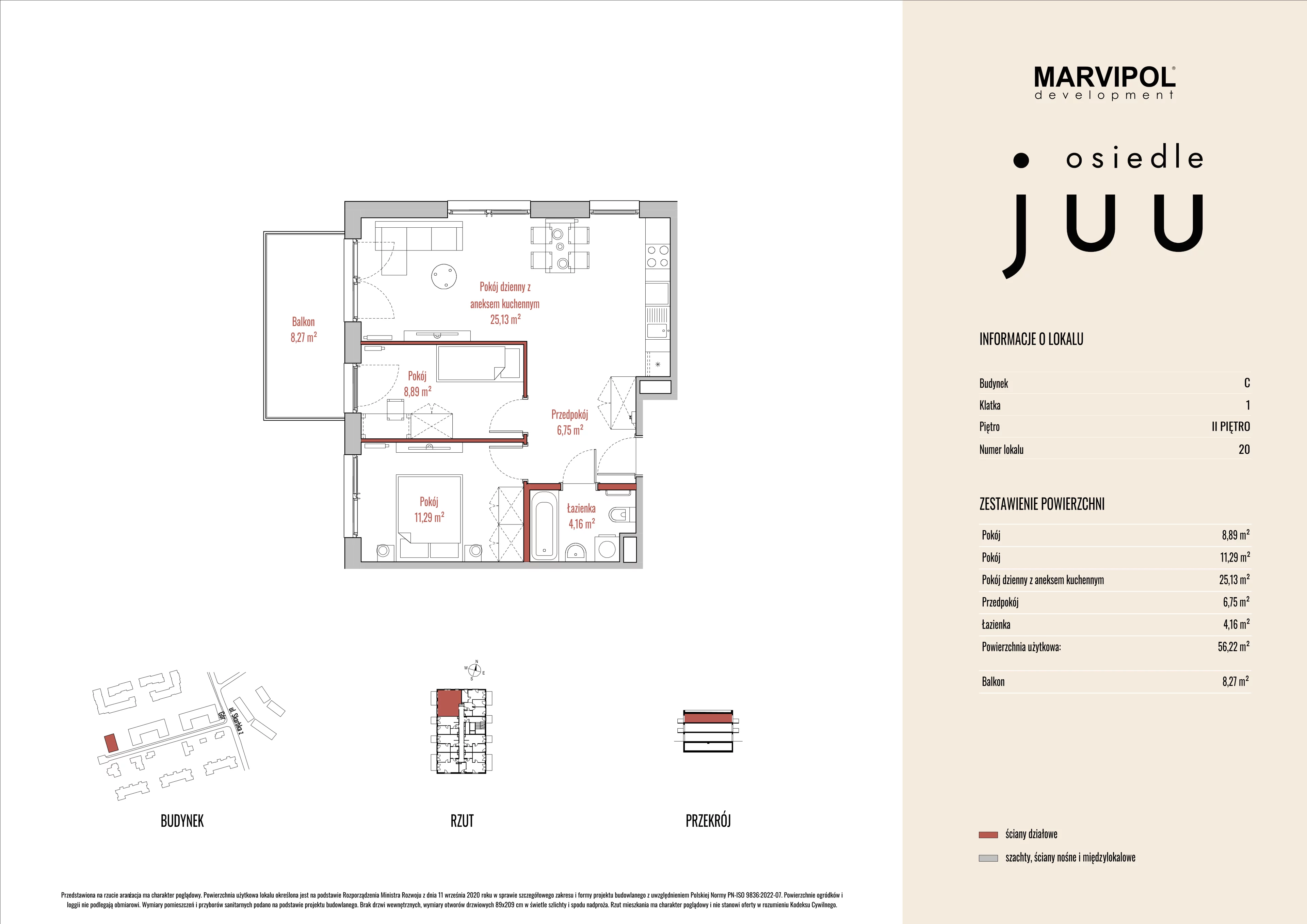 3 pokoje, mieszkanie 56,26 m², piętro 2, oferta nr C/M020, Osiedle Juu, Warszawa, Białołęka, Grodzisk, ul. Skarbka z Gór 47