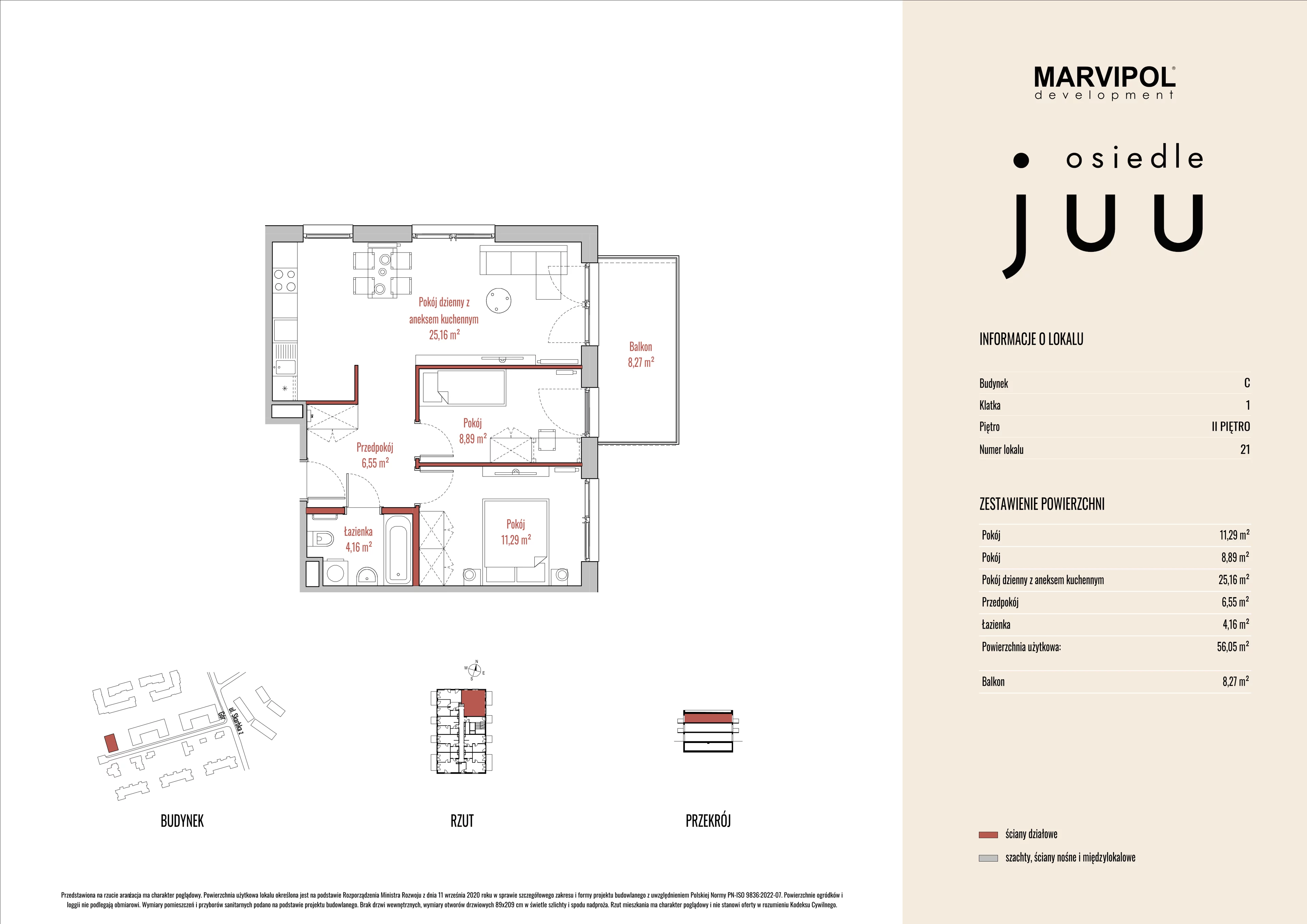 3 pokoje, mieszkanie 56,09 m², piętro 2, oferta nr C/M021, Osiedle Juu, Warszawa, Białołęka, Grodzisk, ul. Skarbka z Gór 47