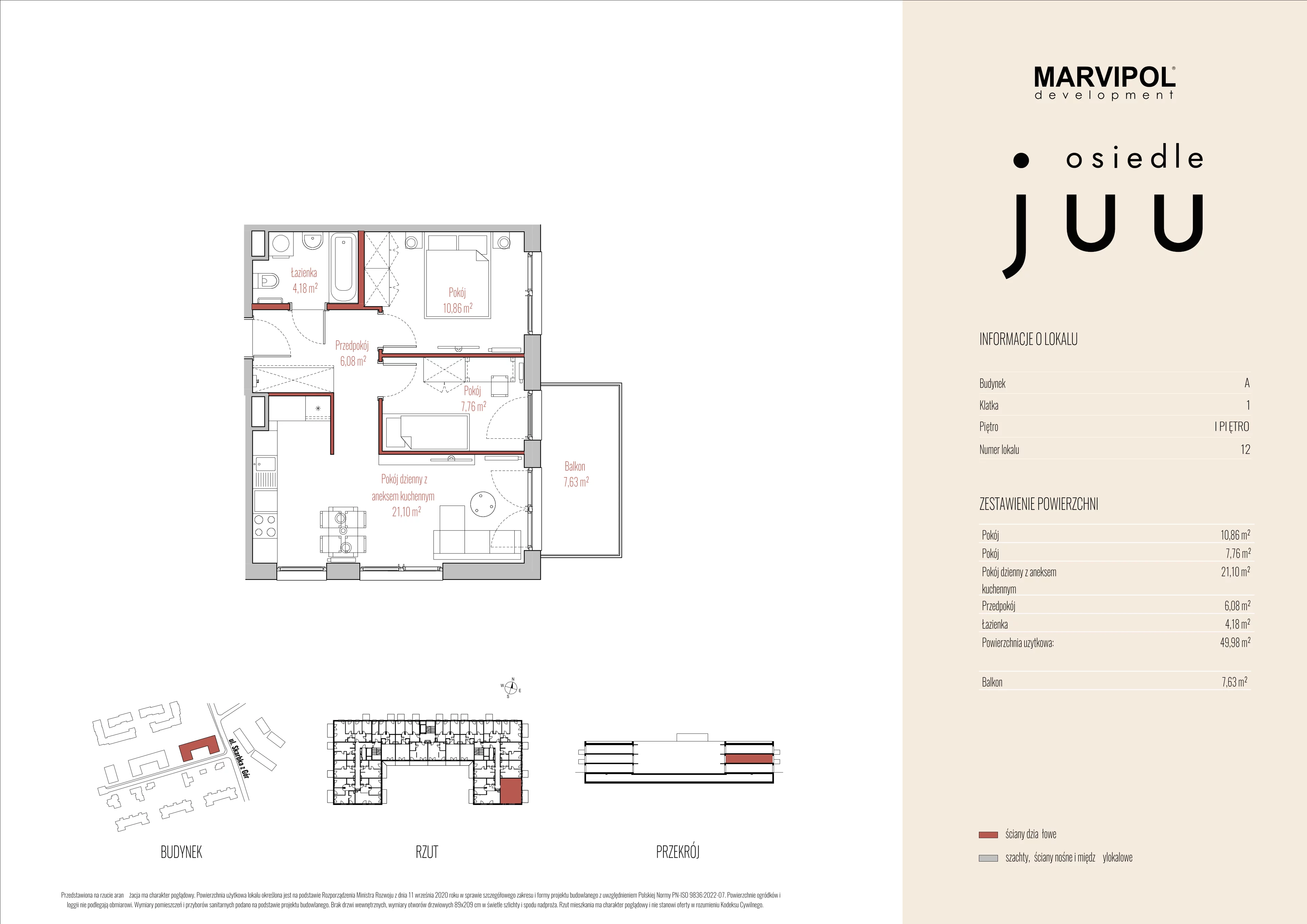3 pokoje, mieszkanie 49,98 m², piętro 1, oferta nr A/M012, Osiedle Juu, Warszawa, Białołęka, Grodzisk, ul. Skarbka z Gór 47