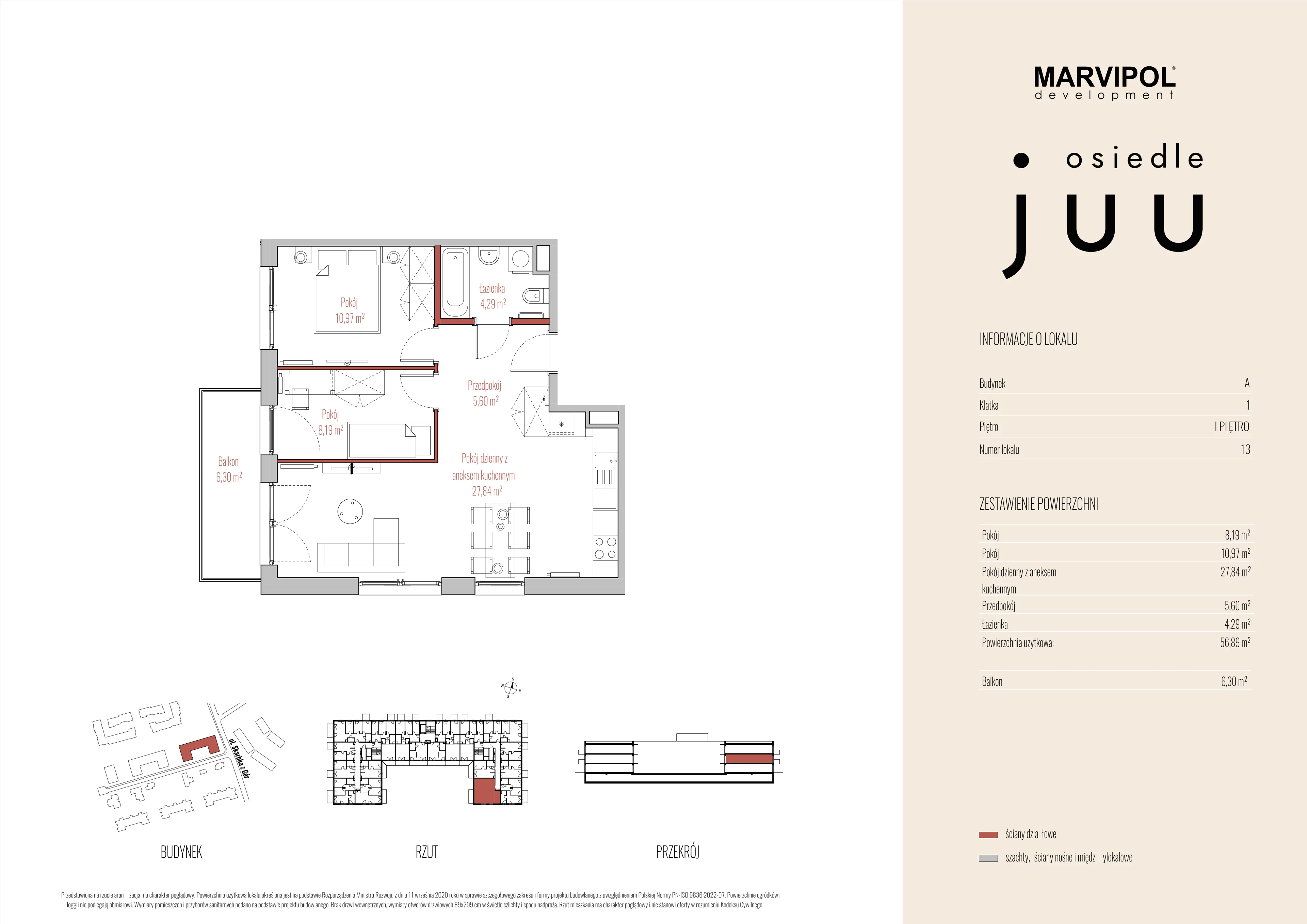 3 pokoje, mieszkanie 56,89 m², piętro 1, oferta nr A/M013, Osiedle Juu, Warszawa, Białołęka, Grodzisk, ul. Skarbka z Gór 47