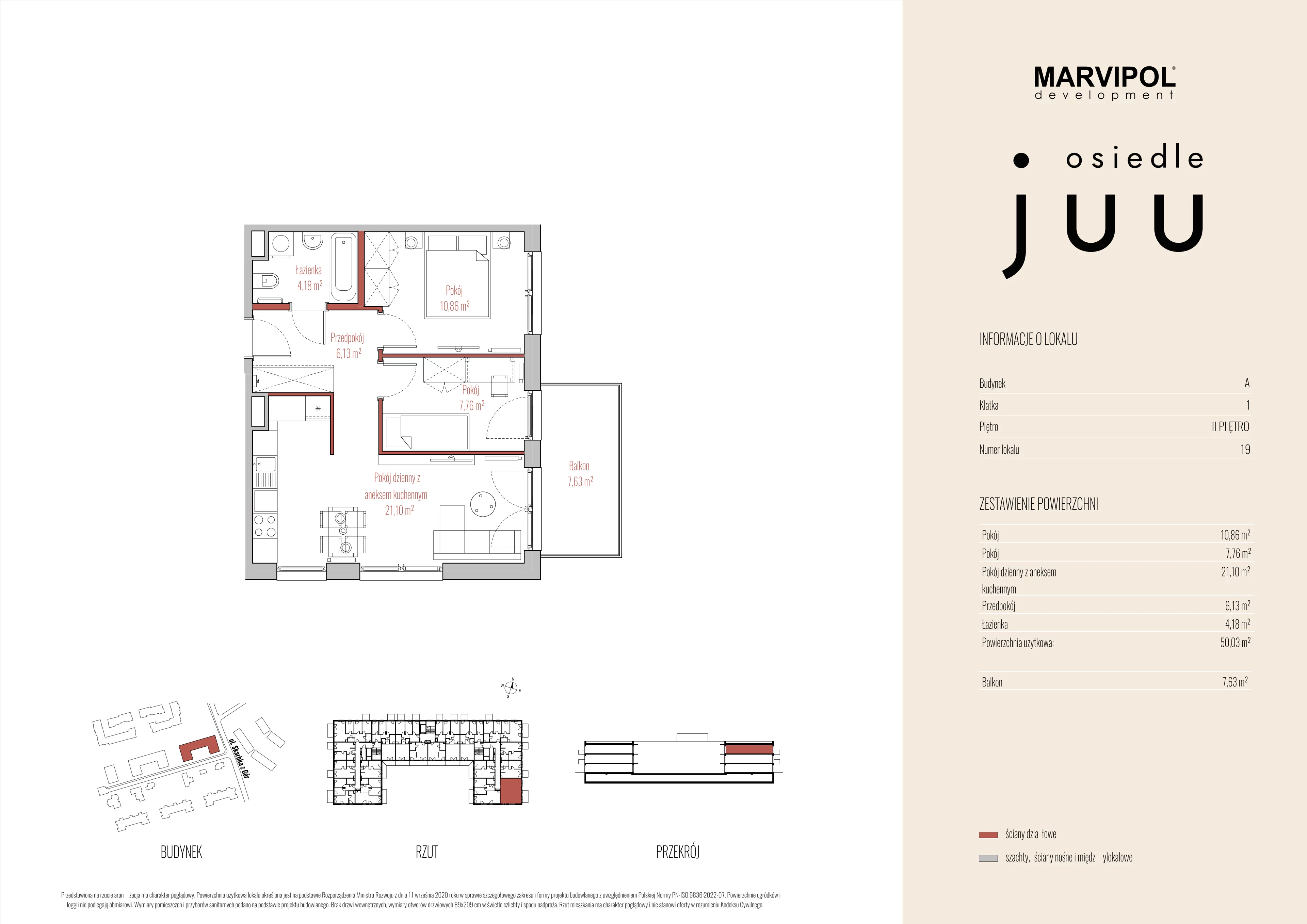 3 pokoje, mieszkanie 50,03 m², piętro 2, oferta nr A/M019, Osiedle Juu, Warszawa, Białołęka, Grodzisk, ul. Skarbka z Gór 47