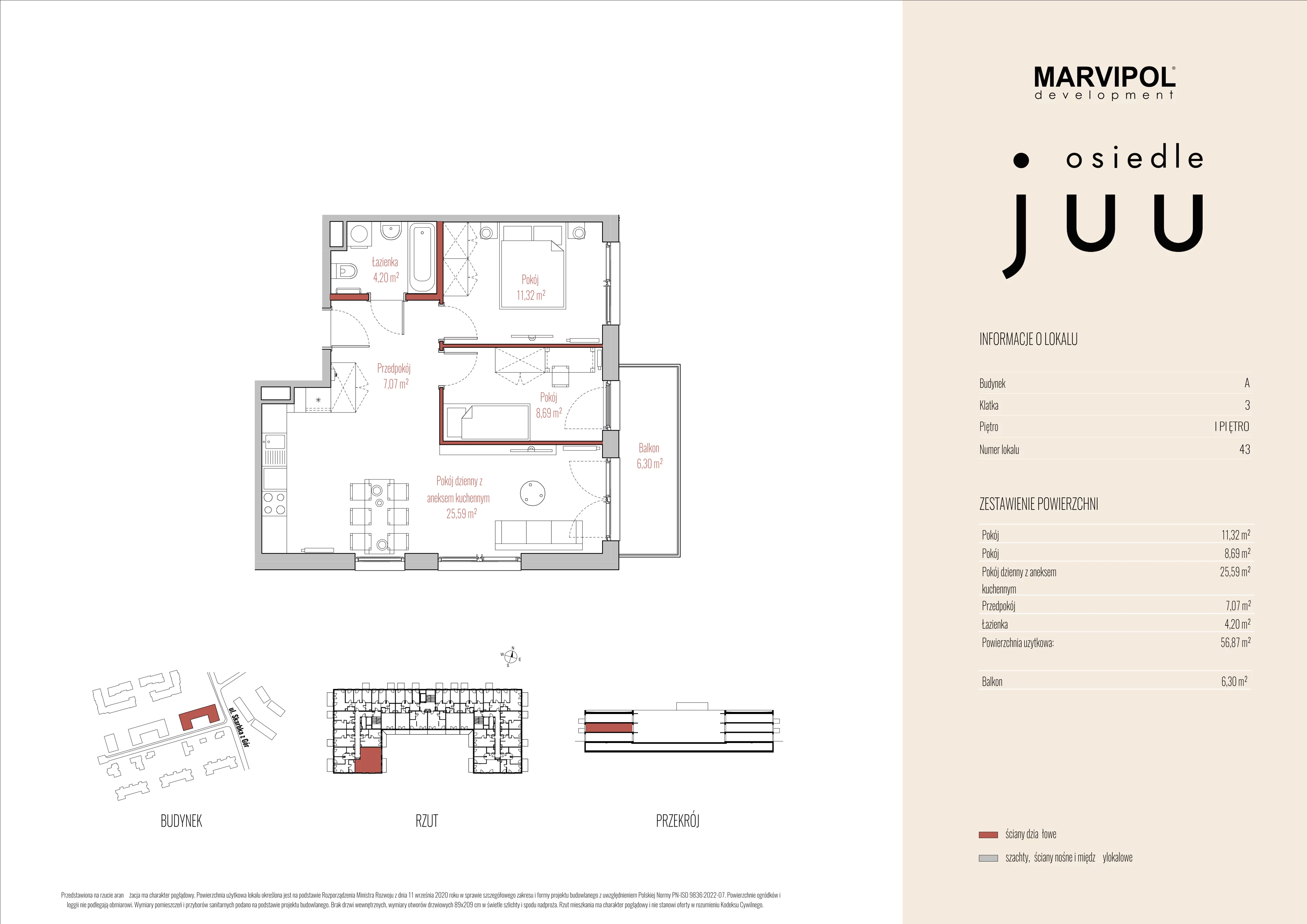 3 pokoje, mieszkanie 56,87 m², piętro 1, oferta nr A/M043, Osiedle Juu, Warszawa, Białołęka, Grodzisk, ul. Skarbka z Gór 47