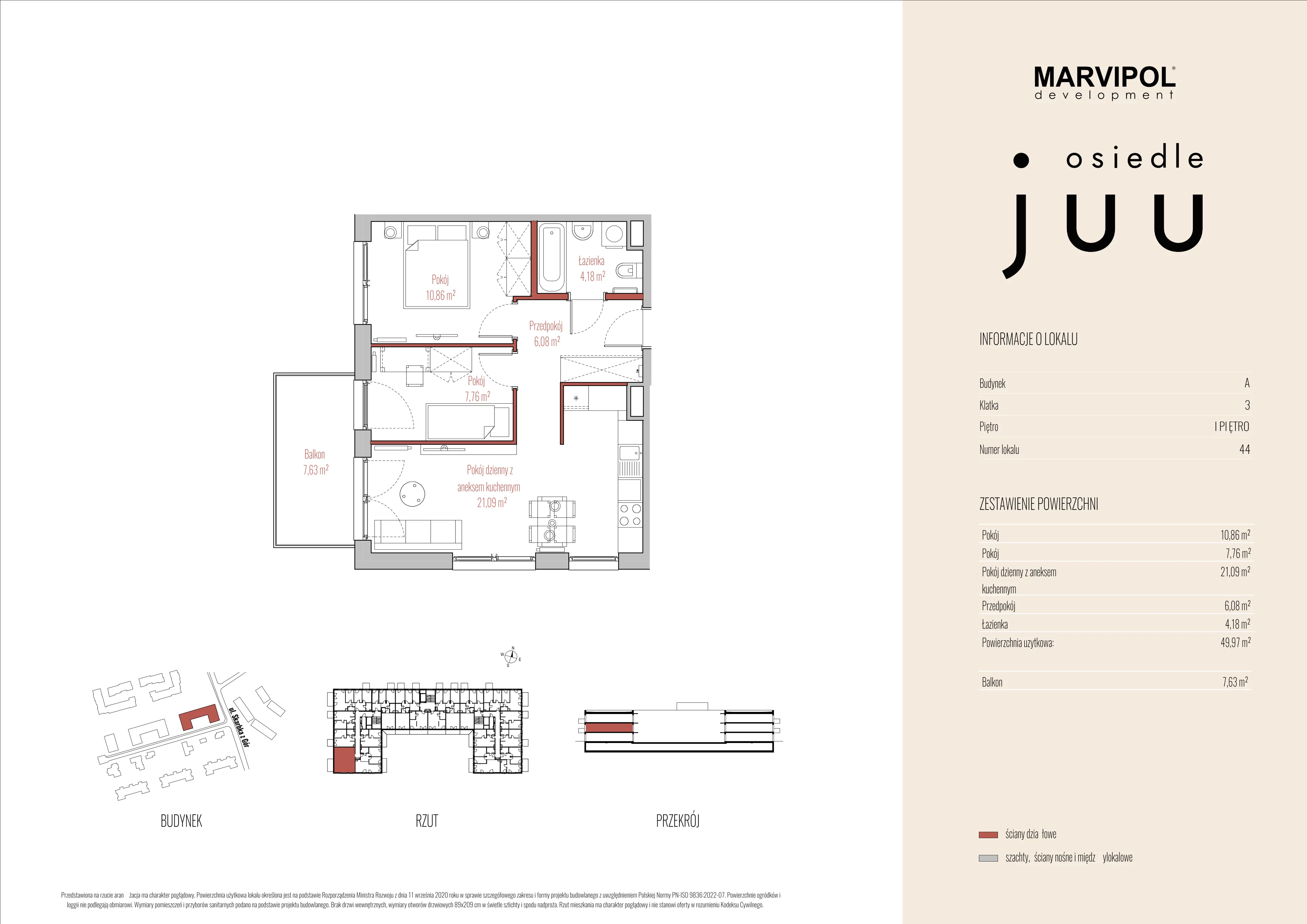 3 pokoje, mieszkanie 49,97 m², piętro 1, oferta nr A/M044, Osiedle Juu, Warszawa, Białołęka, Grodzisk, ul. Skarbka z Gór 47
