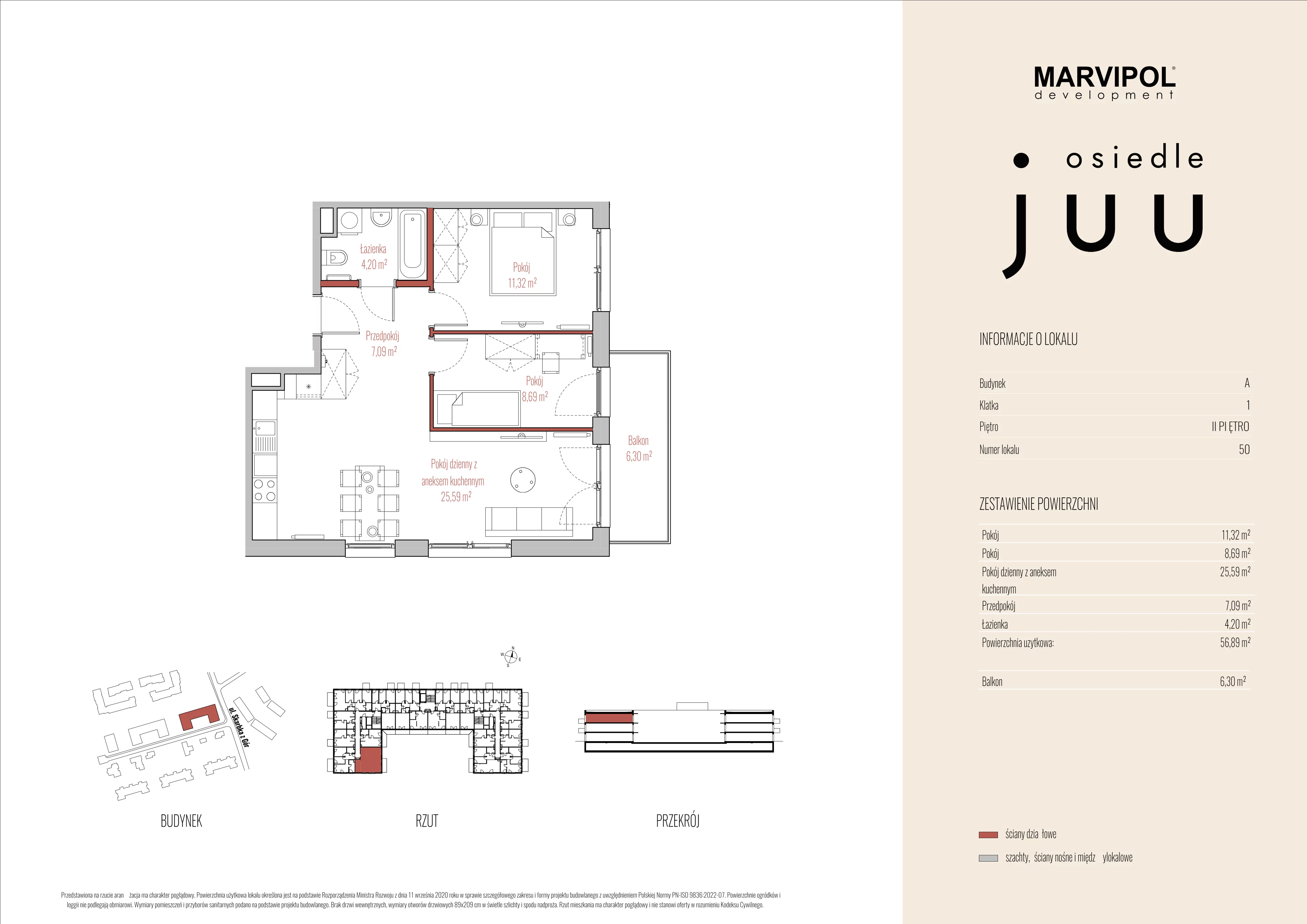 3 pokoje, mieszkanie 56,89 m², piętro 2, oferta nr A/M050, Osiedle Juu, Warszawa, Białołęka, Grodzisk, ul. Skarbka z Gór 47
