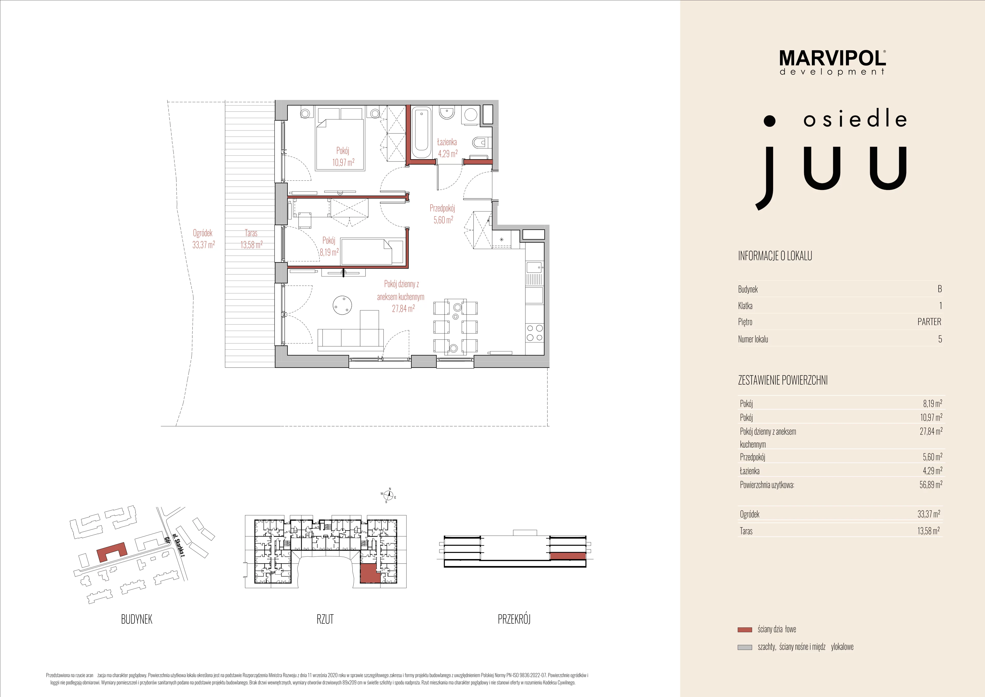 3 pokoje, mieszkanie 56,89 m², parter, oferta nr B/M005, Osiedle Juu, Warszawa, Białołęka, Grodzisk, ul. Skarbka z Gór 47