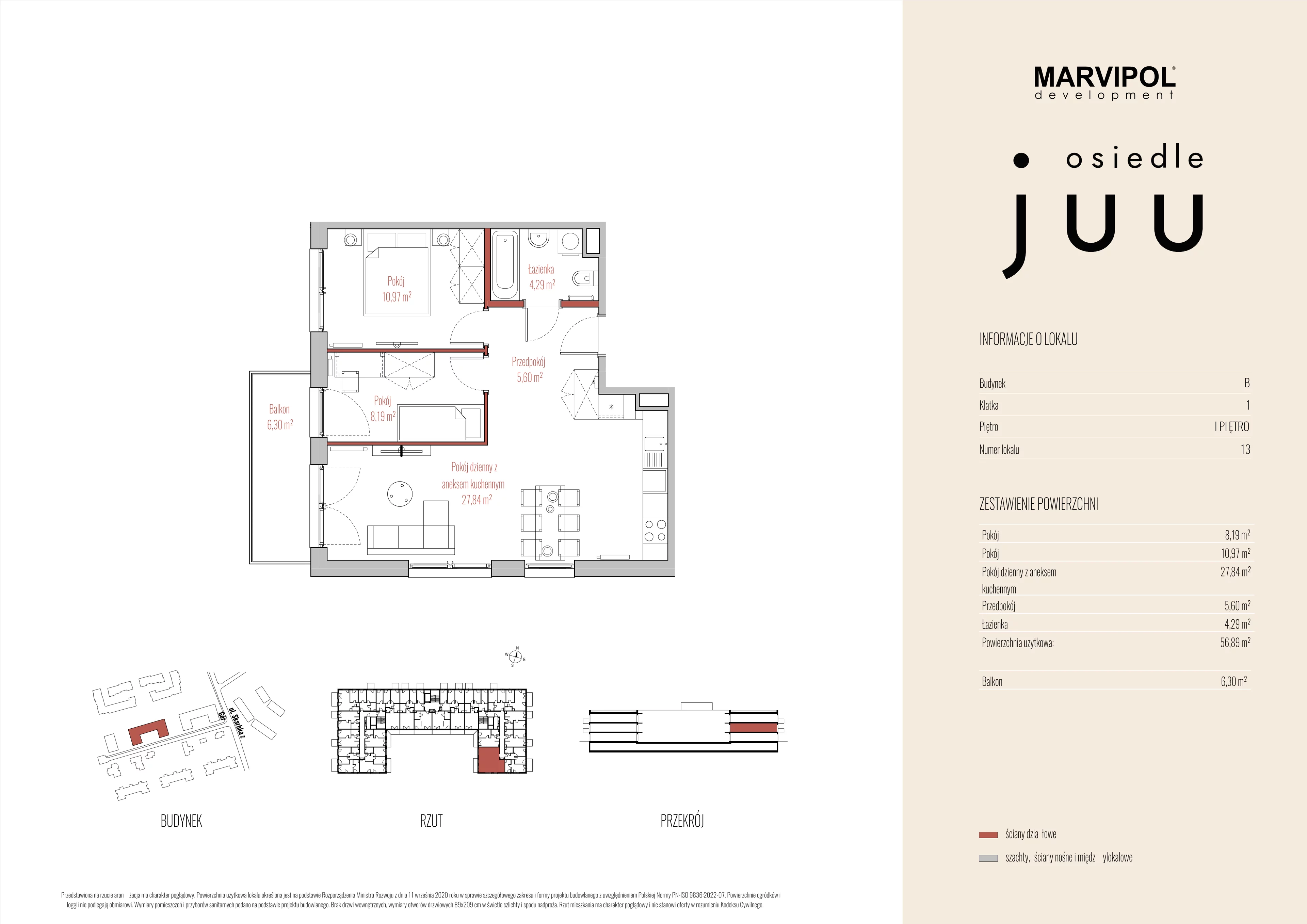 3 pokoje, mieszkanie 56,89 m², piętro 1, oferta nr B/M013, Osiedle Juu, Warszawa, Białołęka, Grodzisk, ul. Skarbka z Gór 47