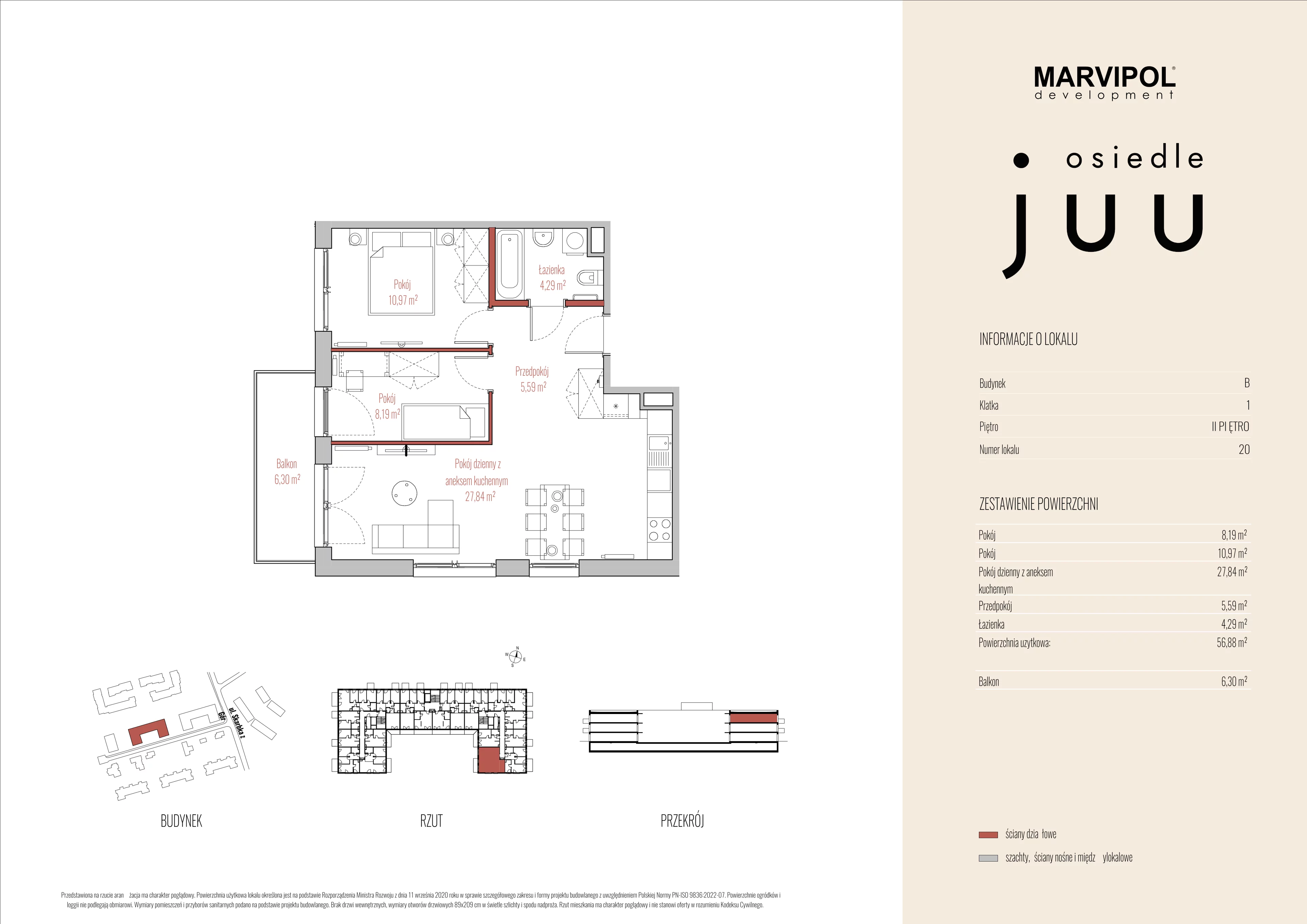 3 pokoje, mieszkanie 56,88 m², piętro 2, oferta nr B/M020, Osiedle Juu, Warszawa, Białołęka, Grodzisk, ul. Skarbka z Gór 47