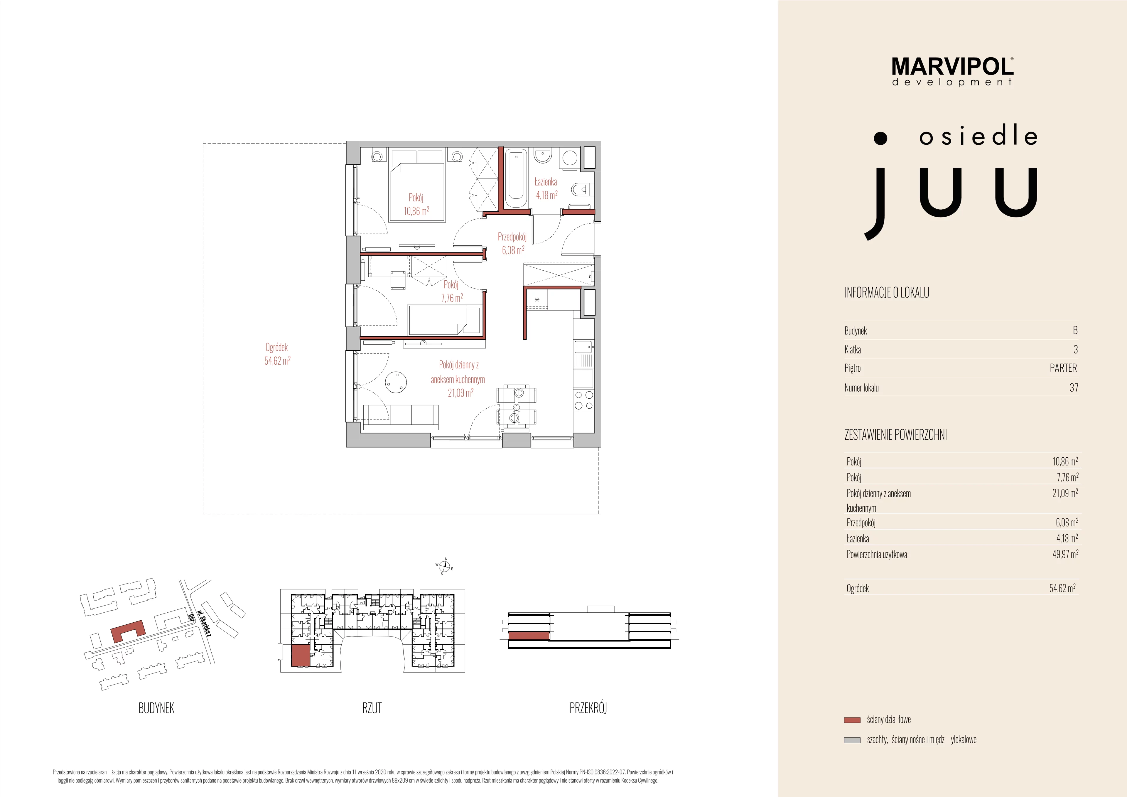 3 pokoje, mieszkanie 49,97 m², parter, oferta nr B/M037, Osiedle Juu, Warszawa, Białołęka, Grodzisk, ul. Skarbka z Gór 47