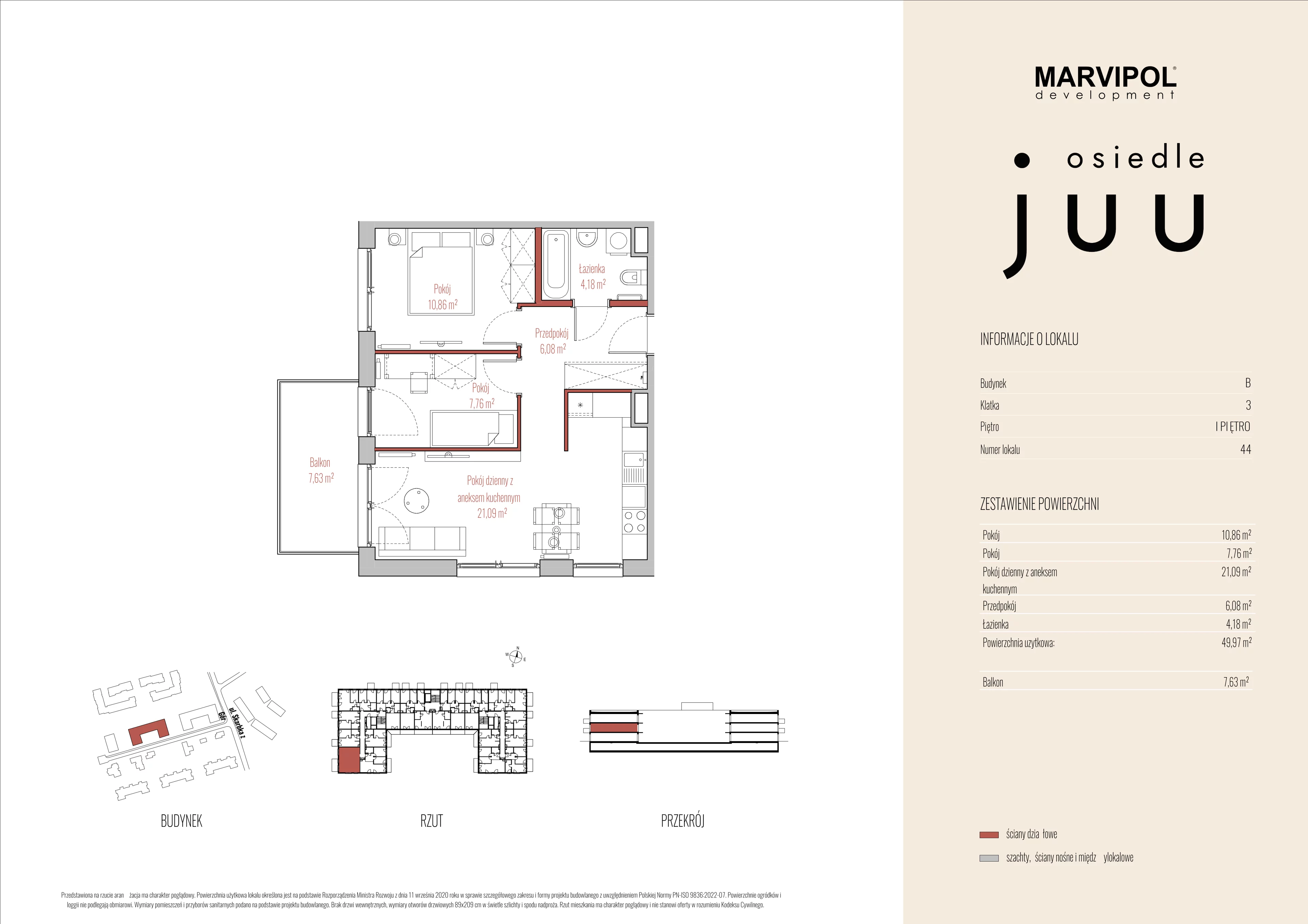3 pokoje, mieszkanie 49,97 m², piętro 1, oferta nr B/M044, Osiedle Juu, Warszawa, Białołęka, Grodzisk, ul. Skarbka z Gór 47