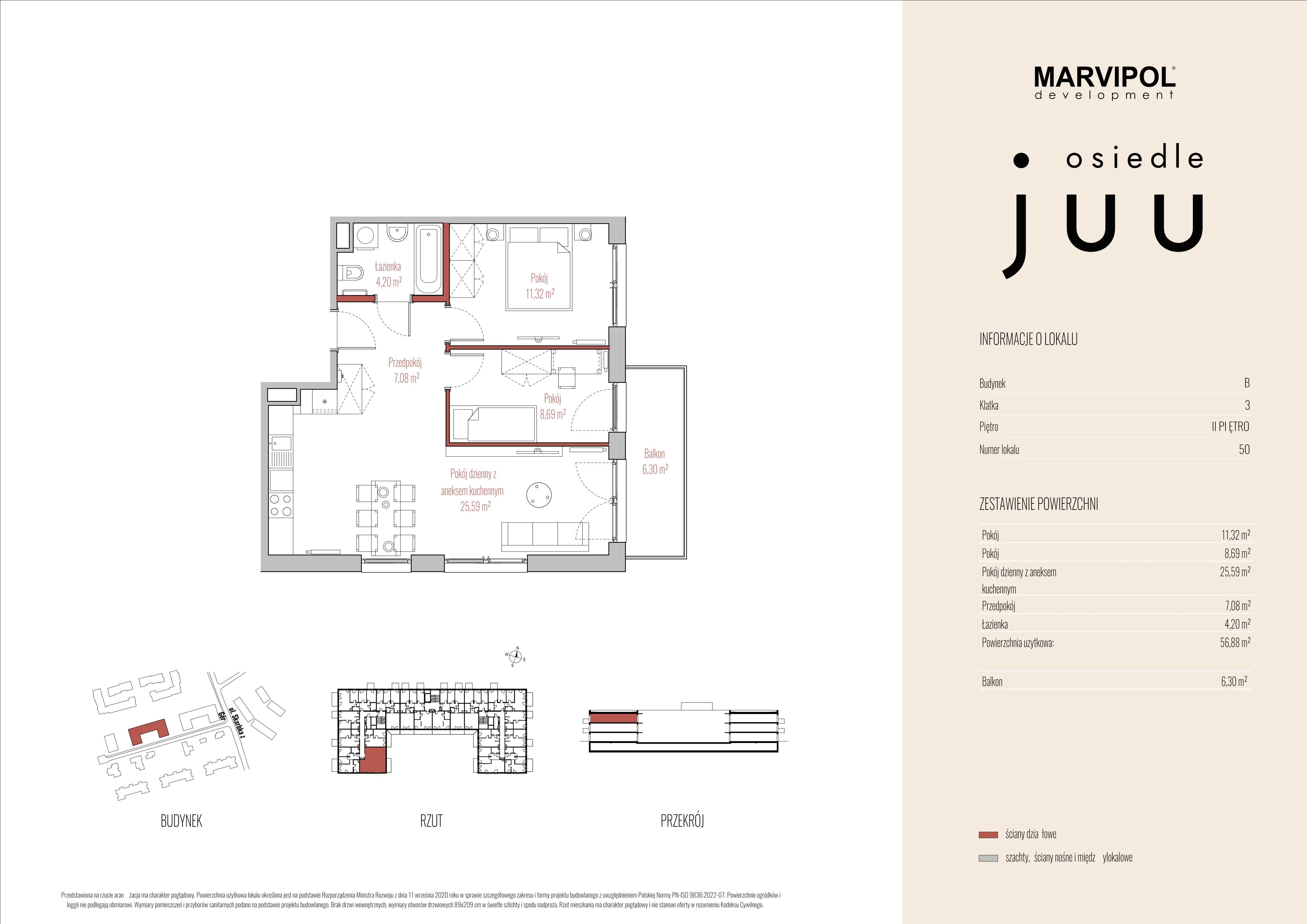 3 pokoje, mieszkanie 56,88 m², piętro 2, oferta nr B/M050, Osiedle Juu, Warszawa, Białołęka, Grodzisk, ul. Skarbka z Gór 47