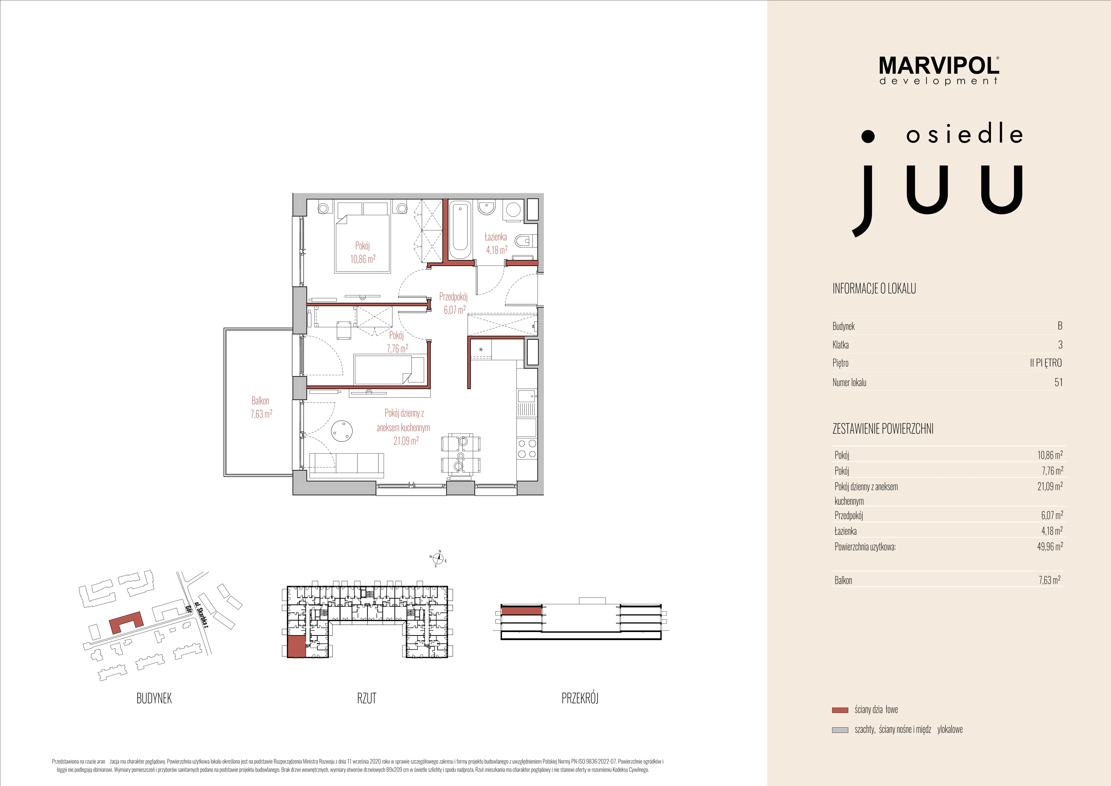 3 pokoje, mieszkanie 49,96 m², piętro 2, oferta nr B/M051, Osiedle Juu, Warszawa, Białołęka, Grodzisk, ul. Skarbka z Gór 47