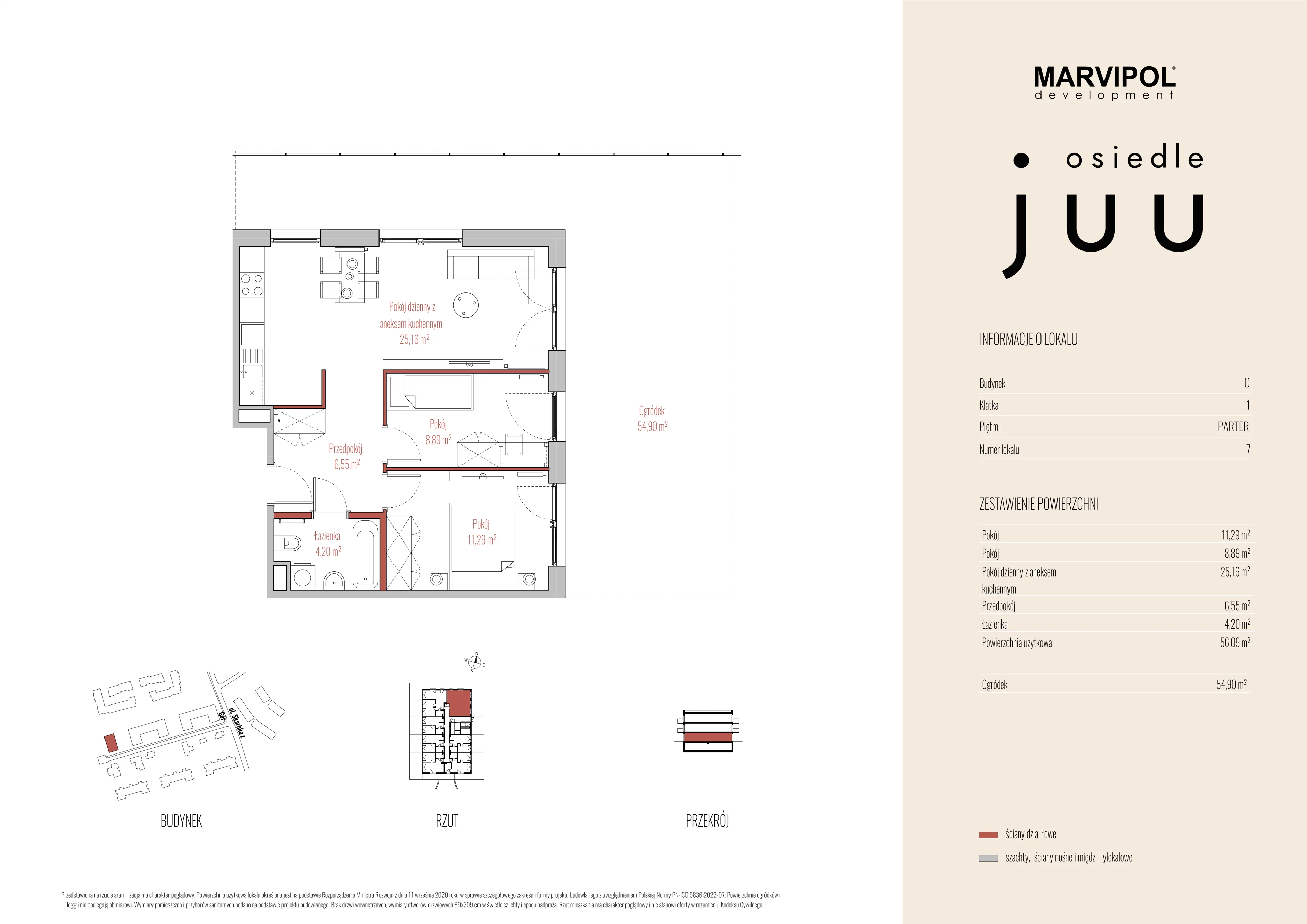 3 pokoje, mieszkanie 56,09 m², parter, oferta nr C/M007, Osiedle Juu, Warszawa, Białołęka, Grodzisk, ul. Skarbka z Gór 47