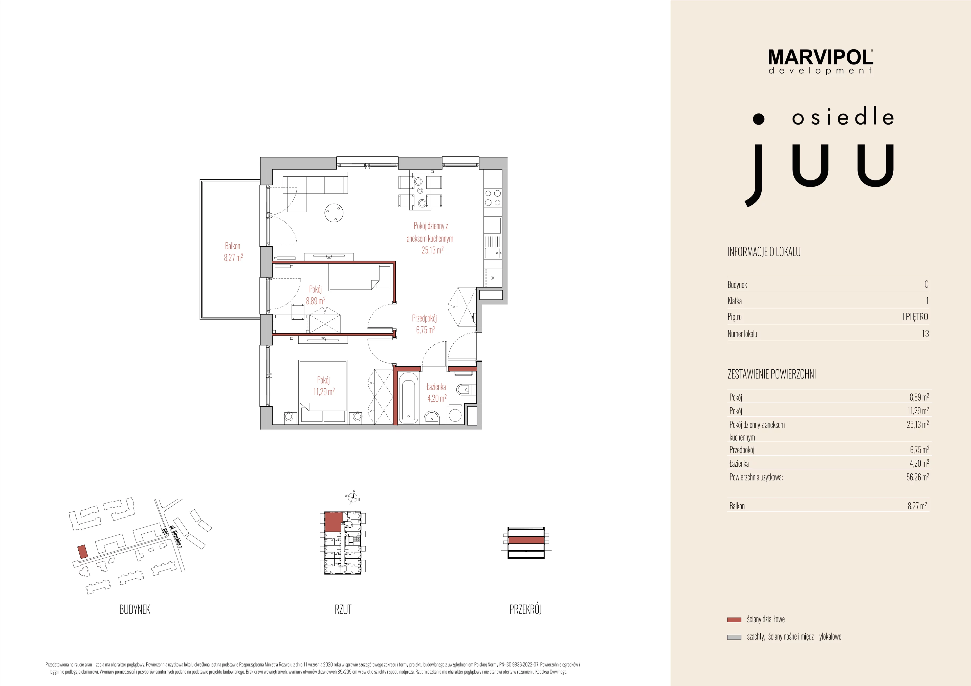 3 pokoje, mieszkanie 56,26 m², piętro 1, oferta nr C/M013, Osiedle Juu, Warszawa, Białołęka, Grodzisk, ul. Skarbka z Gór 47