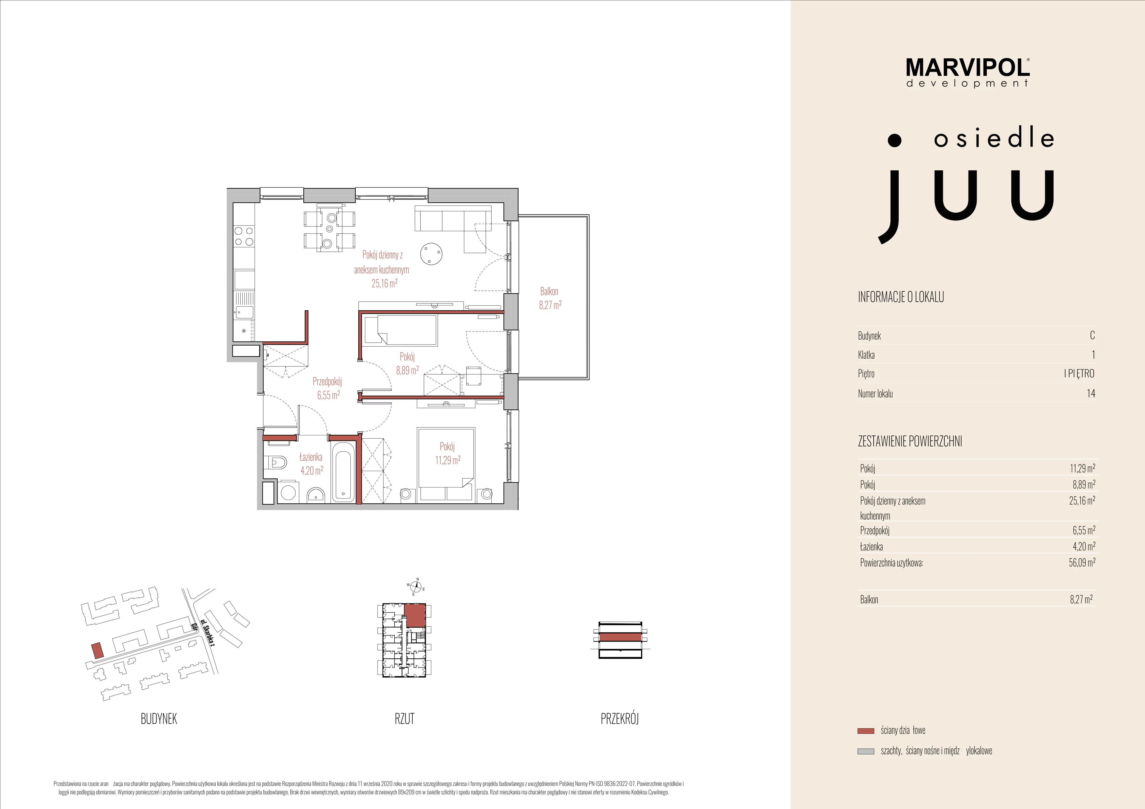 3 pokoje, mieszkanie 56,09 m², piętro 1, oferta nr C/M014, Osiedle Juu, Warszawa, Białołęka, Grodzisk, ul. Skarbka z Gór 47