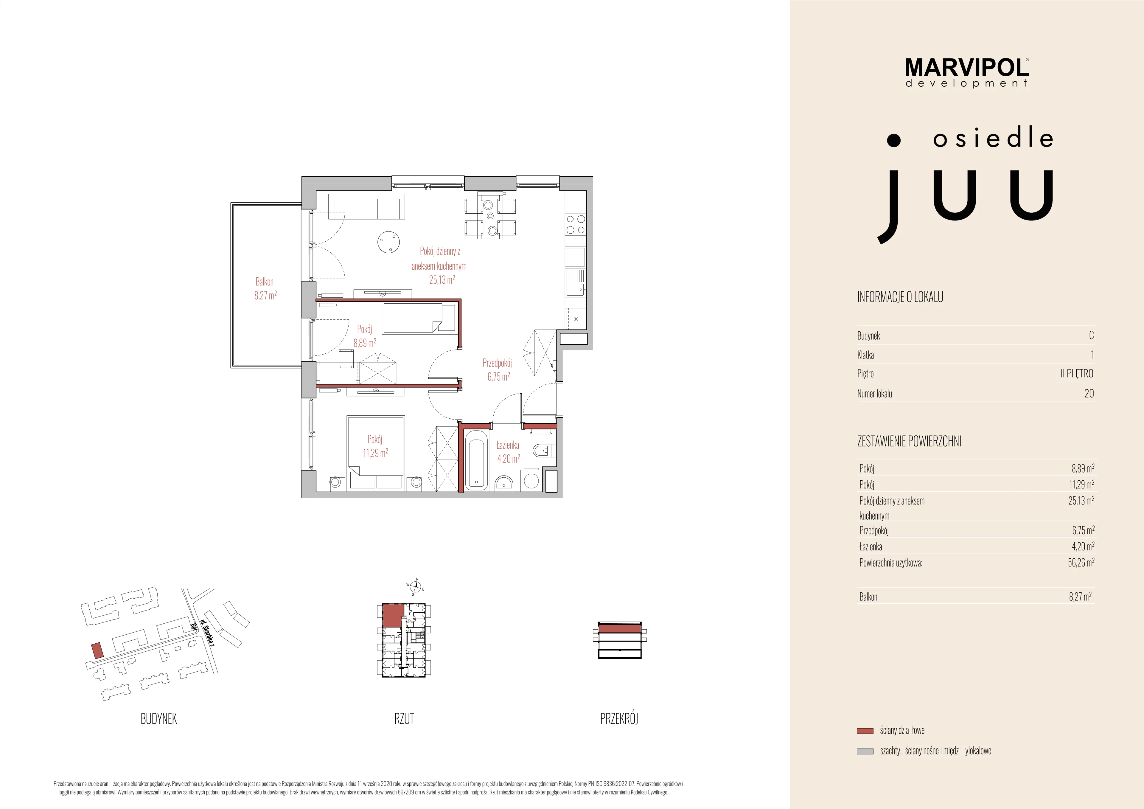 3 pokoje, mieszkanie 56,26 m², piętro 2, oferta nr C/M020, Osiedle Juu, Warszawa, Białołęka, Grodzisk, ul. Skarbka z Gór 47