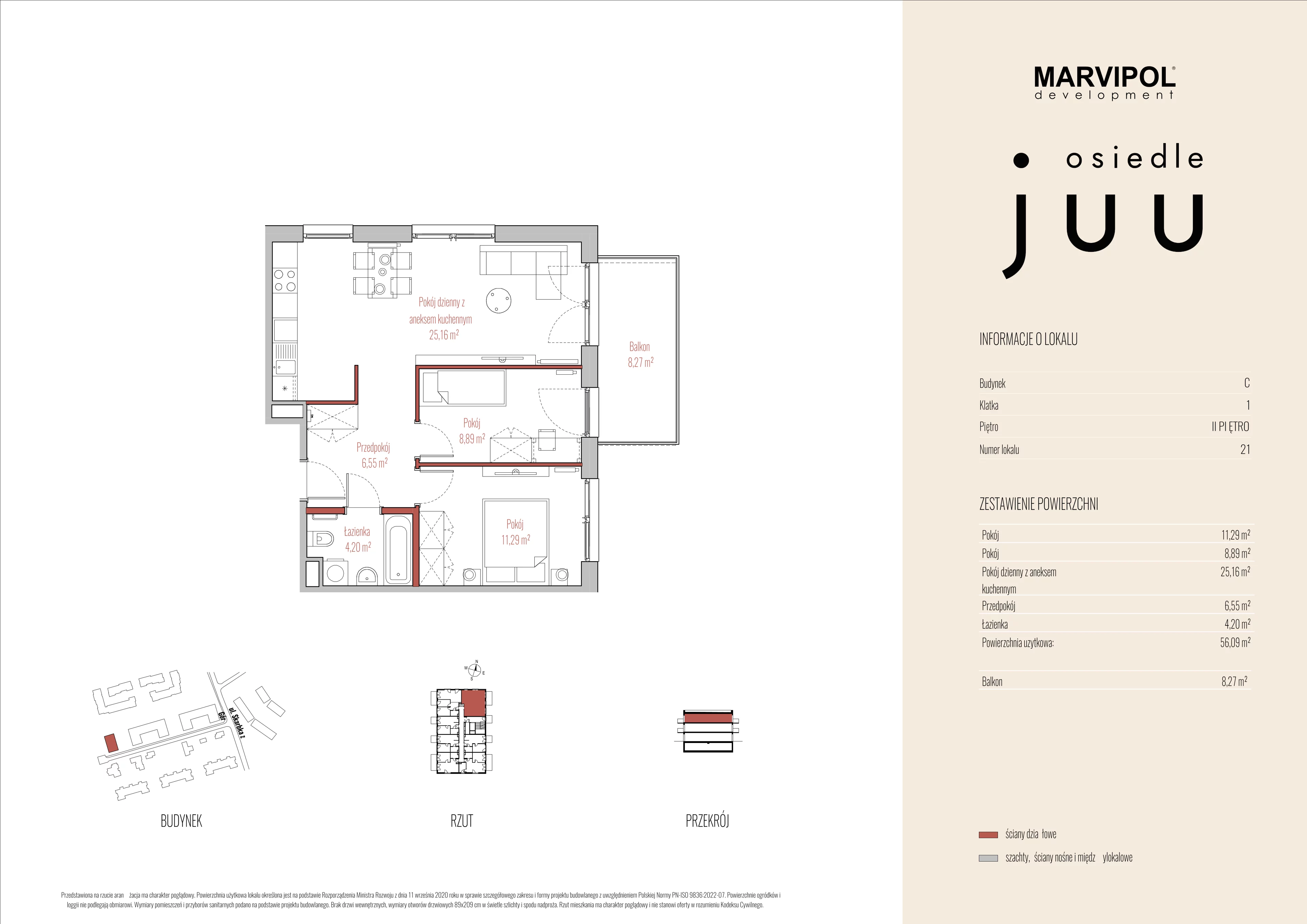 3 pokoje, mieszkanie 56,09 m², piętro 2, oferta nr C/M021, Osiedle Juu, Warszawa, Białołęka, Grodzisk, ul. Skarbka z Gór 47