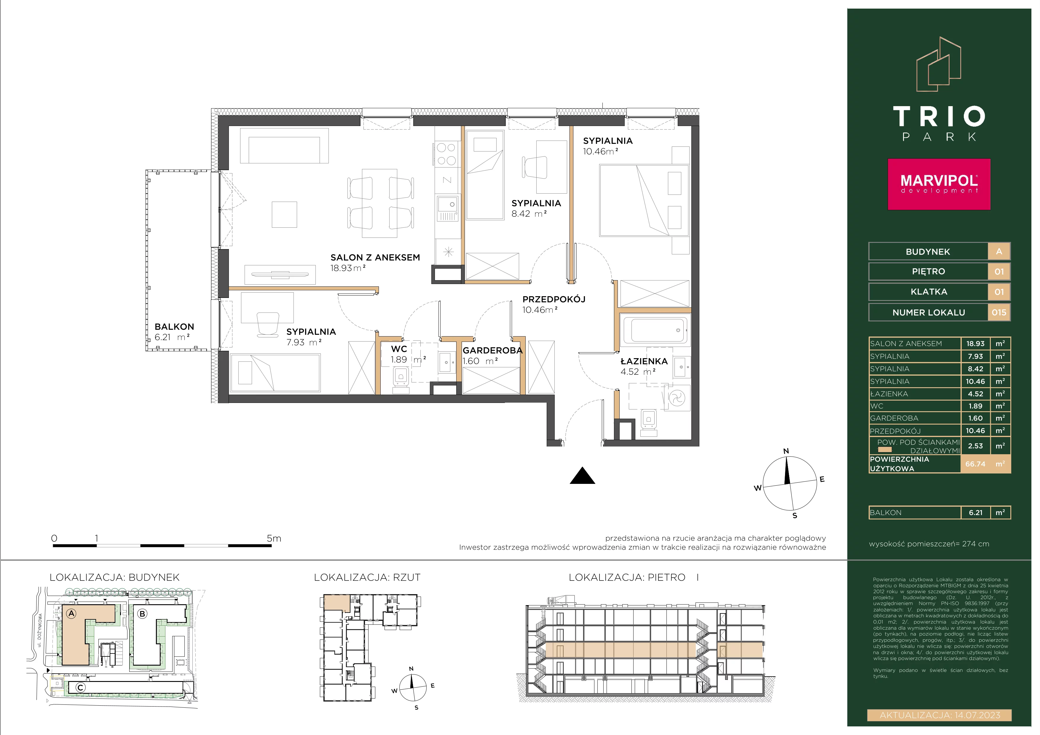 4 pokoje, mieszkanie 66,74 m², piętro 1, oferta nr A/A015, Trio Park, Wrocław, Klecina, Krzyki, ul. Dożynkowa