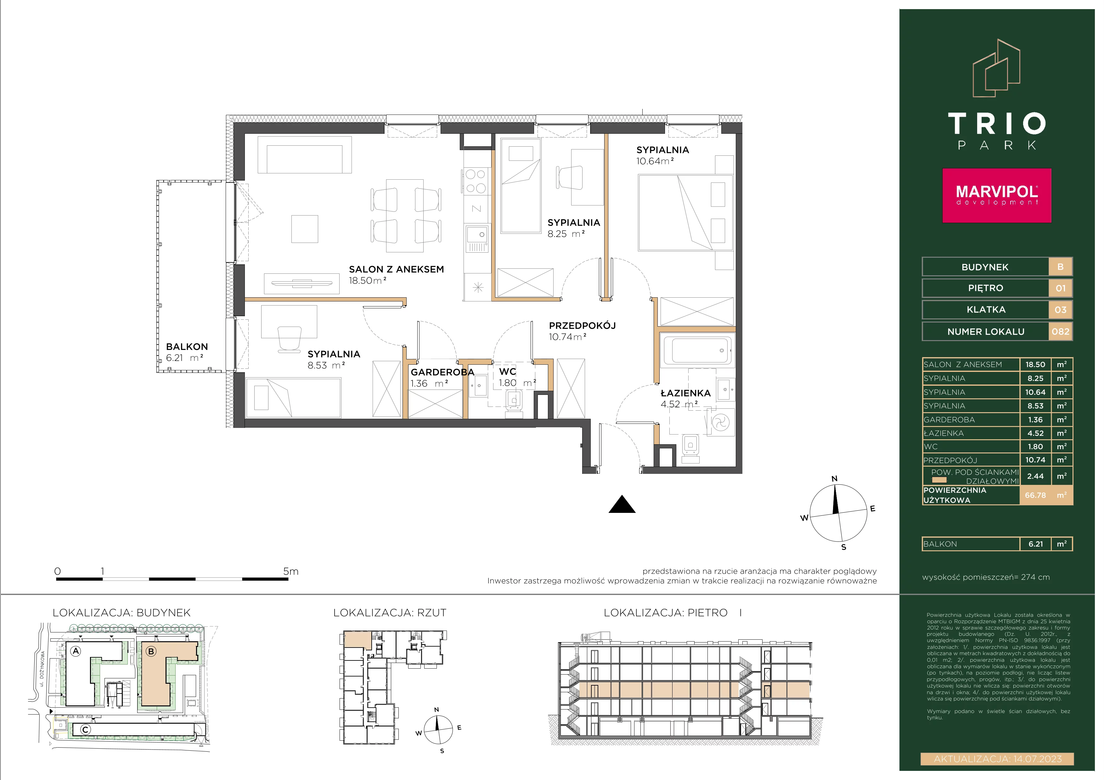 4 pokoje, apartament 66,78 m², piętro 1, oferta nr B/B082, Trio Park, Wrocław, Klecina, Krzyki, ul. Dożynkowa