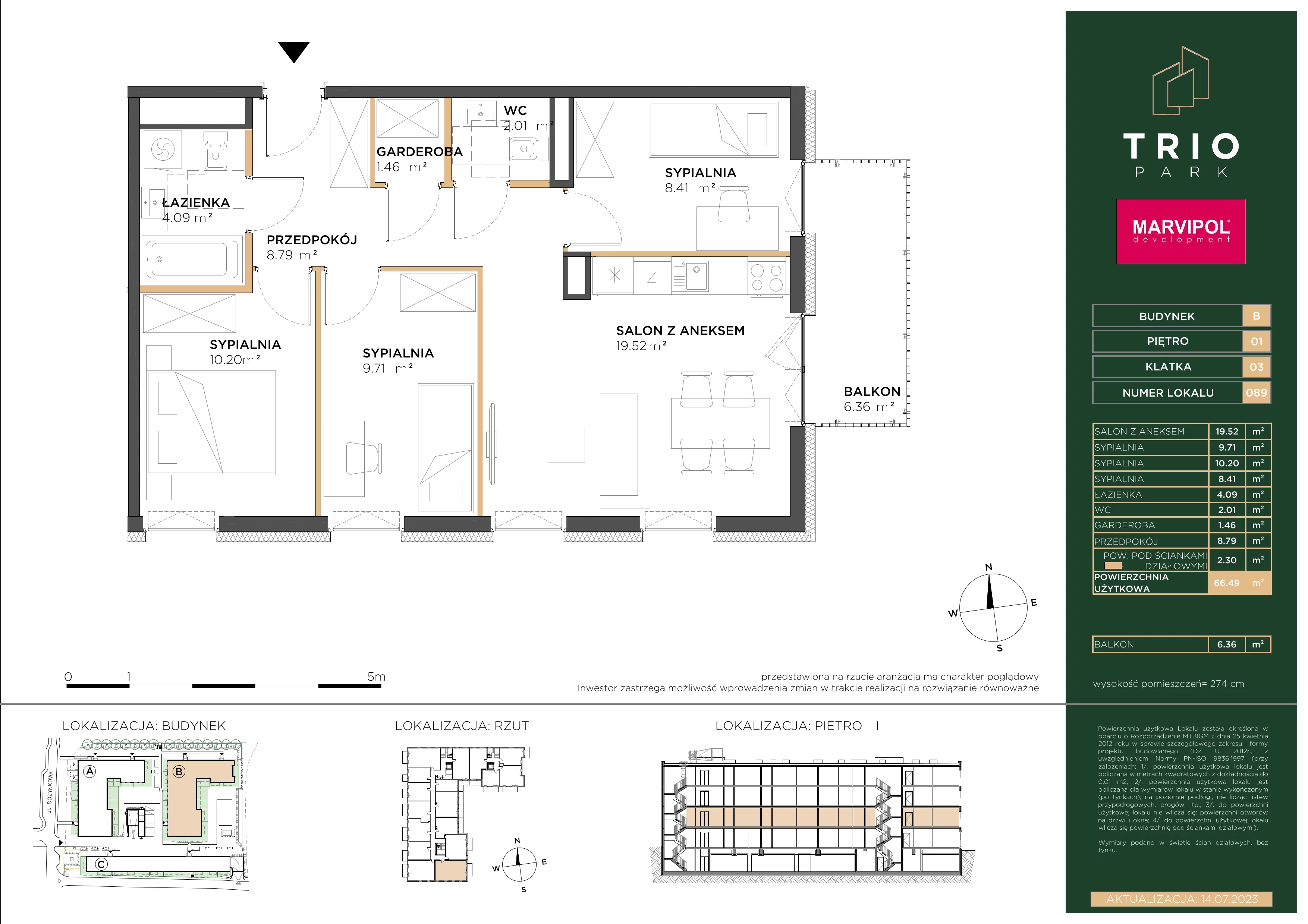 4 pokoje, apartament 66,49 m², piętro 1, oferta nr B/B089, Trio Park, Wrocław, Klecina, Krzyki, ul. Dożynkowa