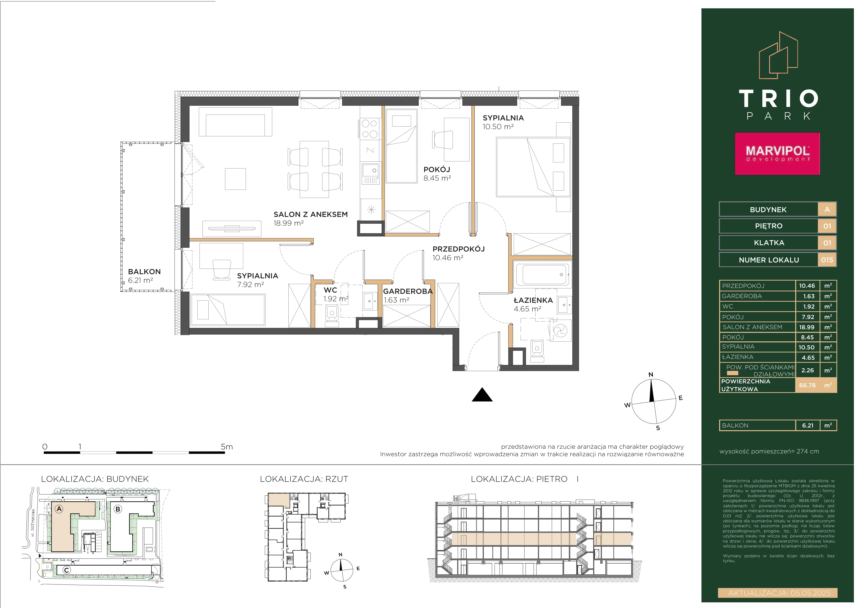 4 pokoje, apartament 66,78 m², piętro 1, oferta nr A/A015, Trio Park, Wrocław, Klecina, Krzyki, ul. Dożynkowa