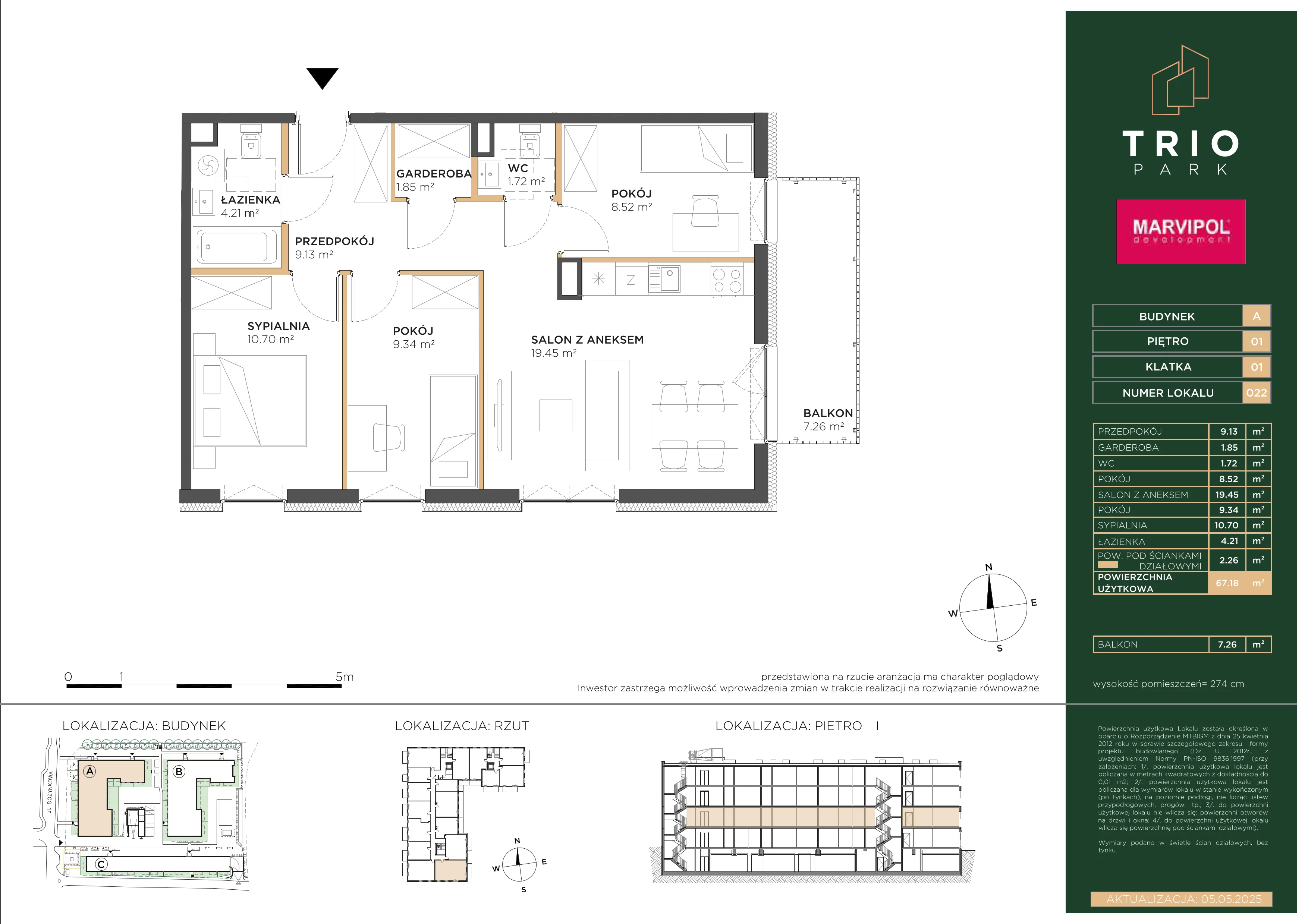 4 pokoje, mieszkanie 67,18 m², piętro 1, oferta nr A/A022, Trio Park, Wrocław, Klecina, Krzyki, ul. Dożynkowa