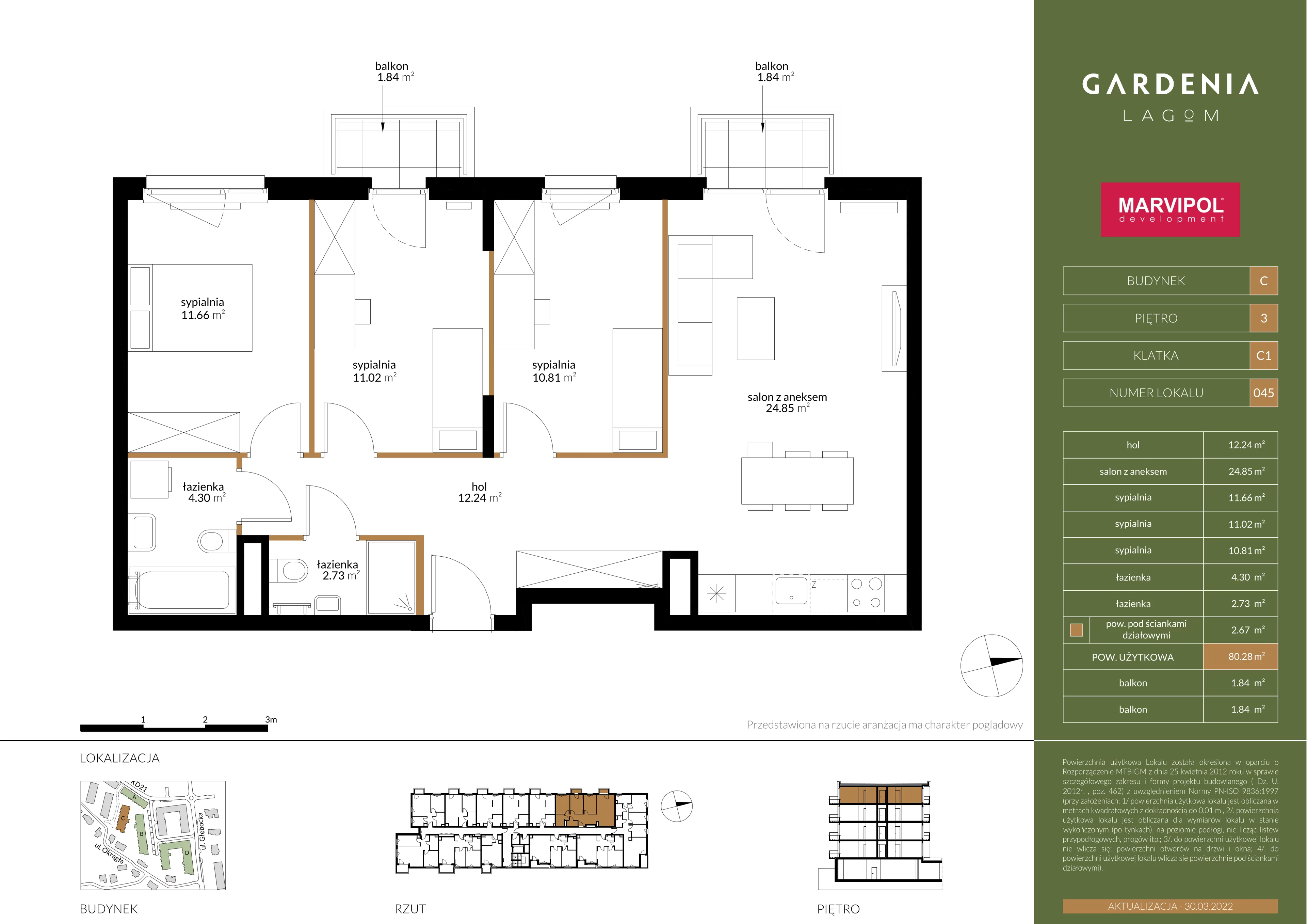 4 pokoje, mieszkanie 80,28 m², piętro 3, oferta nr C/C045, Gardenia Lagom, Warszawa, Białołęka, Grodzisk, ul. Głębocka 117