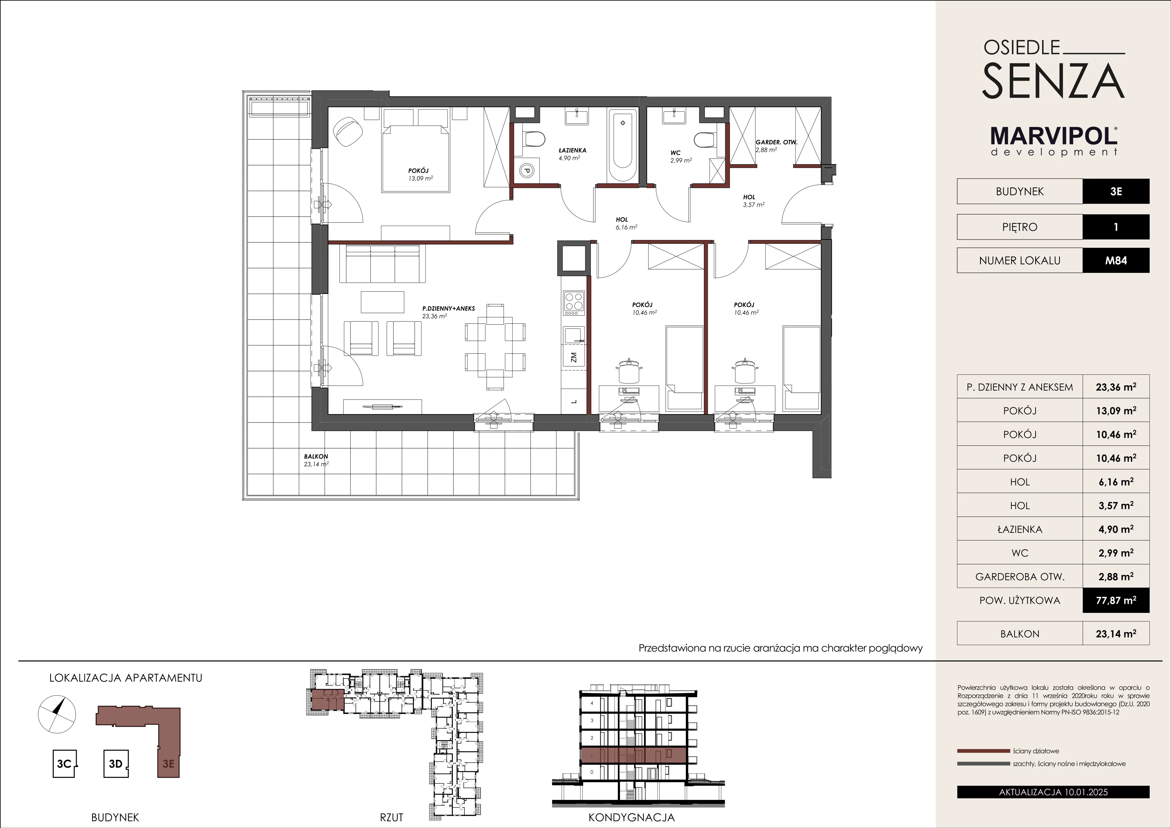 4 pokoje, mieszkanie 77,87 m², piętro 1, oferta nr 3E/M84, Osiedle Senza, Warszawa, Białołęka, Nowodwory, ul. Grzymalitów 3C, 3D, 3E