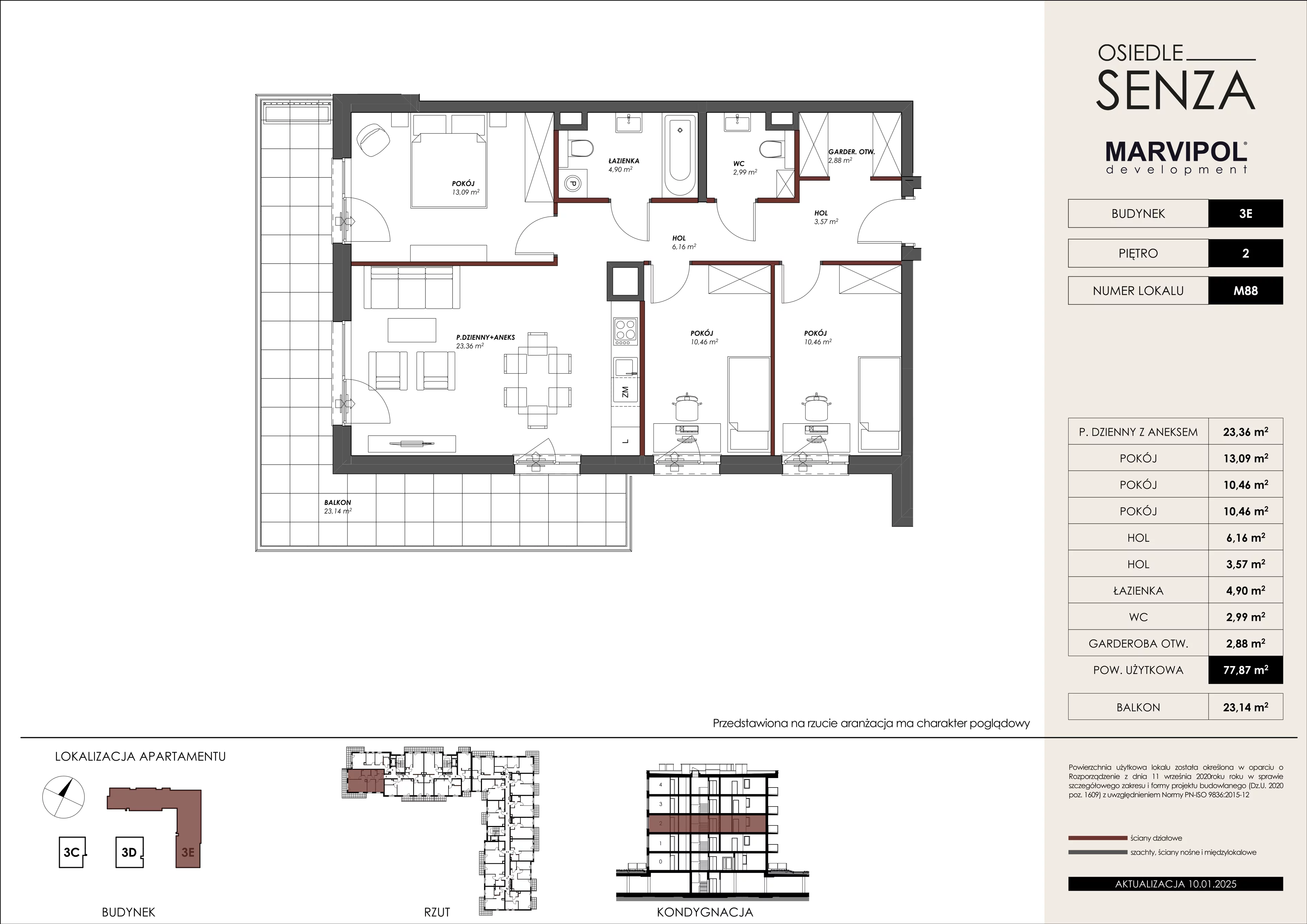 4 pokoje, mieszkanie 77,87 m², piętro 2, oferta nr 3E/M88, Osiedle Senza, Warszawa, Białołęka, Nowodwory, ul. Grzymalitów 3C, 3D, 3E