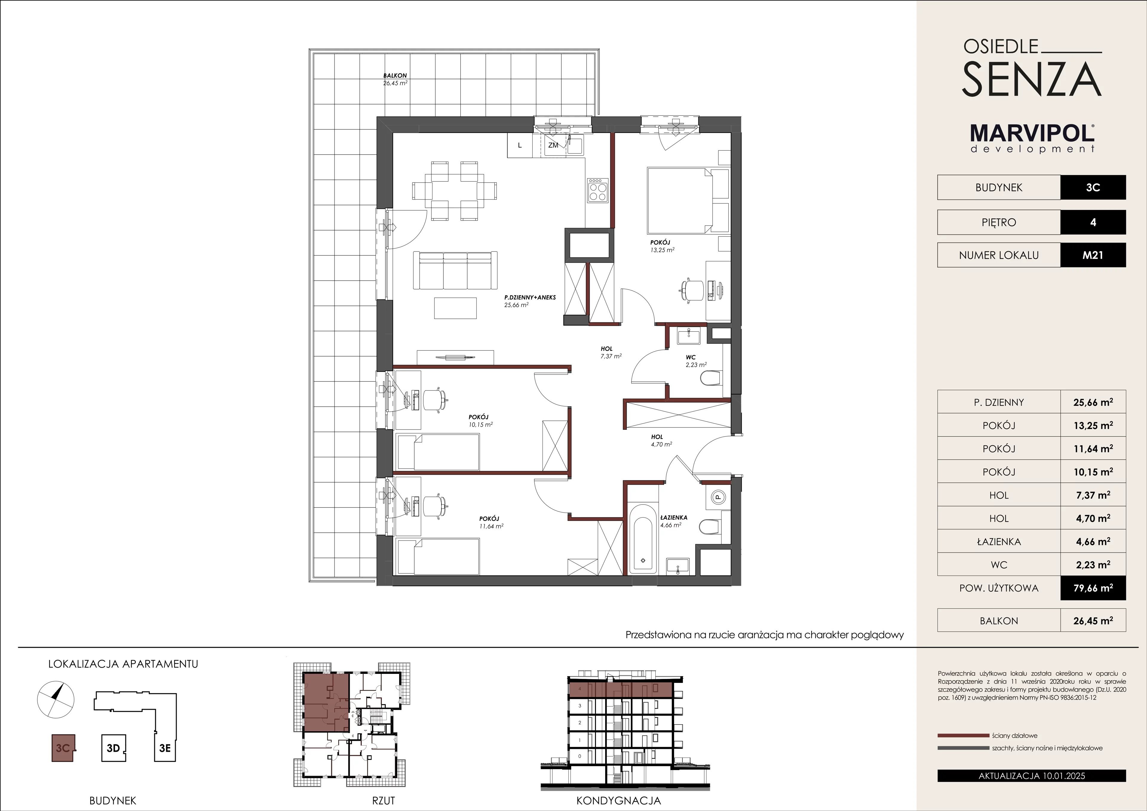 4 pokoje, mieszkanie 79,66 m², piętro 4, oferta nr 3C/M21, Osiedle Senza, Warszawa, Białołęka, Nowodwory, ul. Grzymalitów 3C, 3D, 3E
