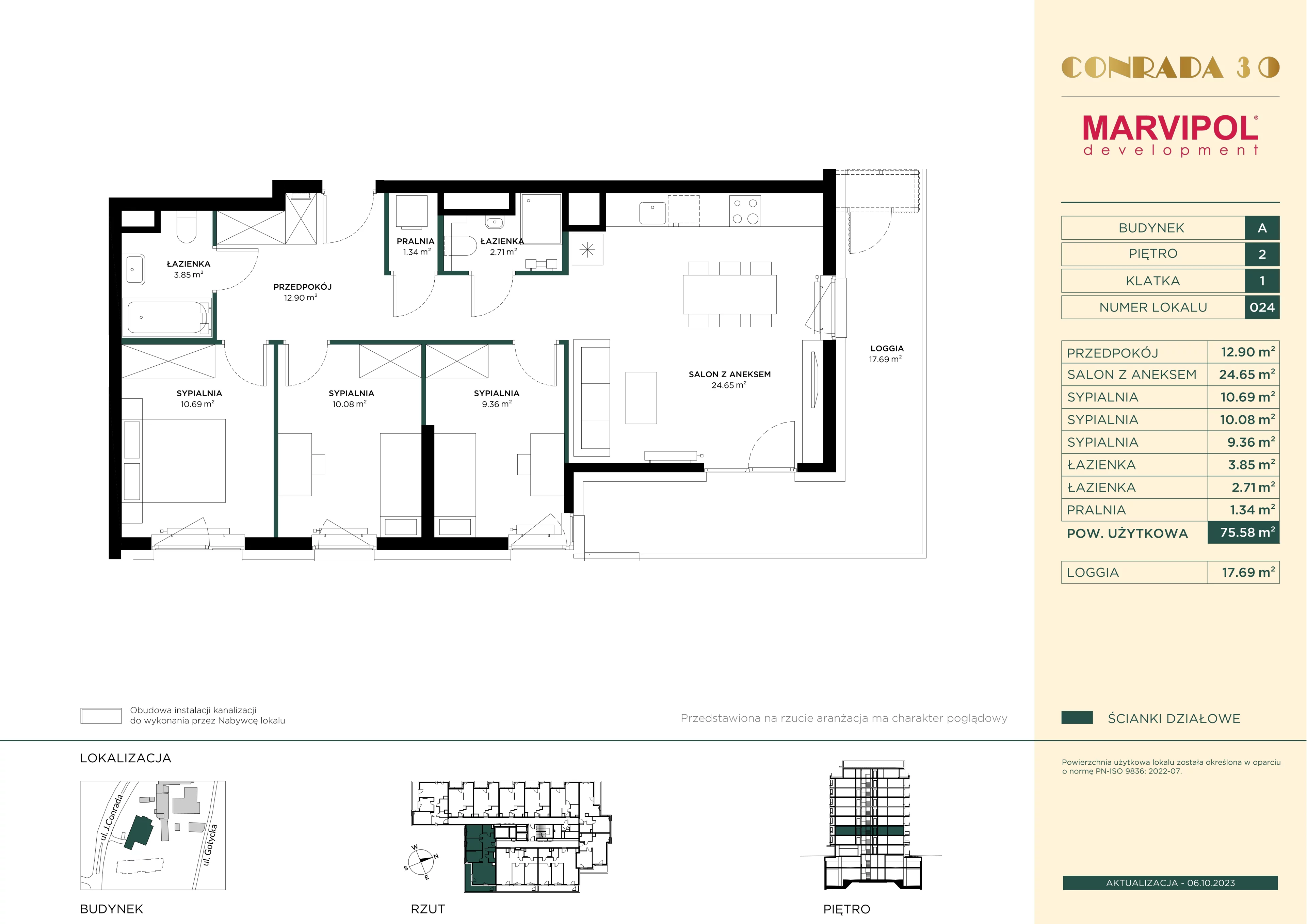 4 pokoje, mieszkanie 75,58 m², piętro 2, oferta nr 1/A024, Conrada 30, Warszawa, Bielany, Chomiczówka, ul. Josepha Conrada 30