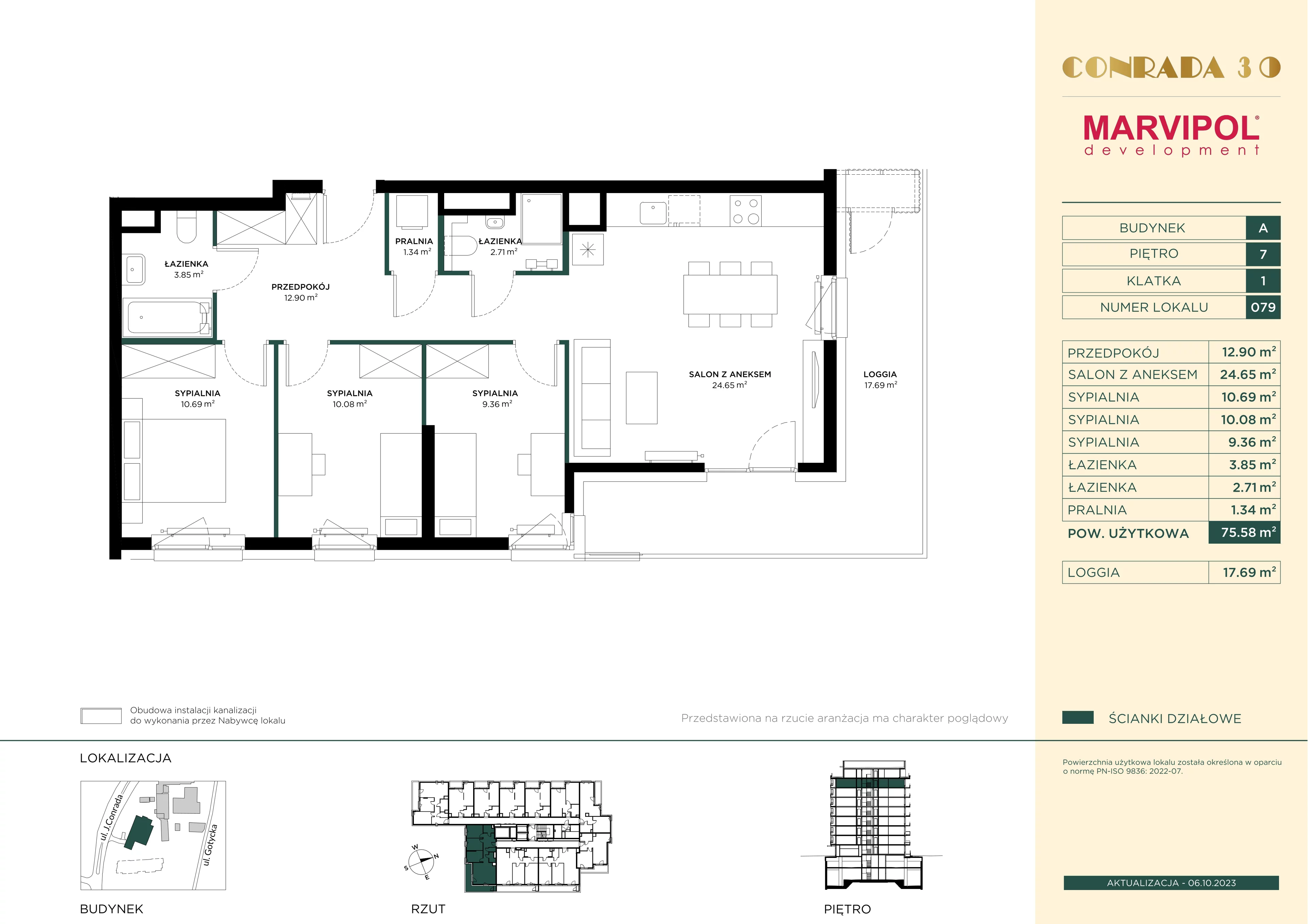 4 pokoje, mieszkanie 75,58 m², piętro 7, oferta nr 1/A079, Conrada 30, Warszawa, Bielany, Chomiczówka, ul. Josepha Conrada 30