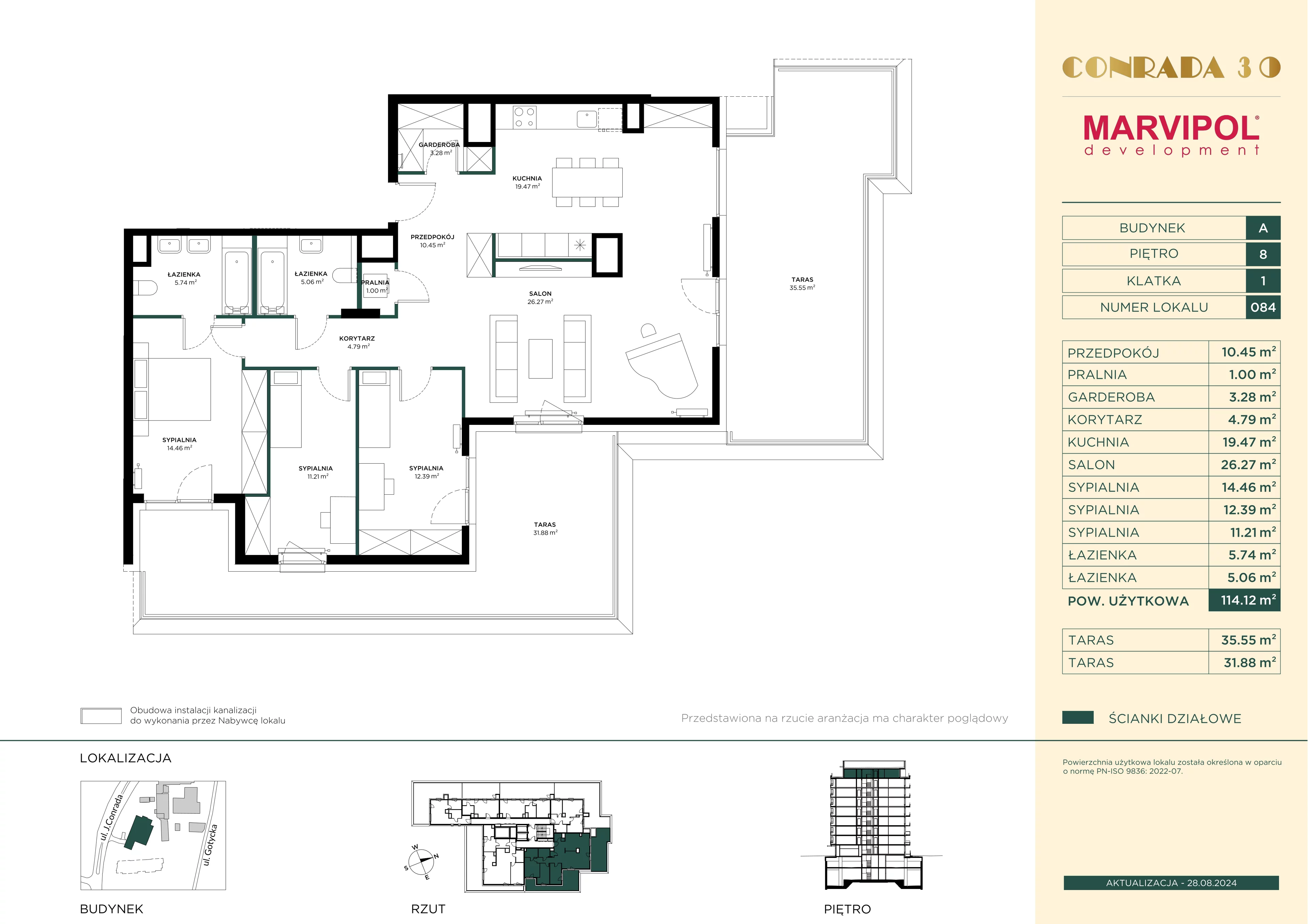 4 pokoje, mieszkanie 114,12 m², piętro 8, oferta nr 1/A084, Conrada 30, Warszawa, Bielany, Chomiczówka, ul. Josepha Conrada 30