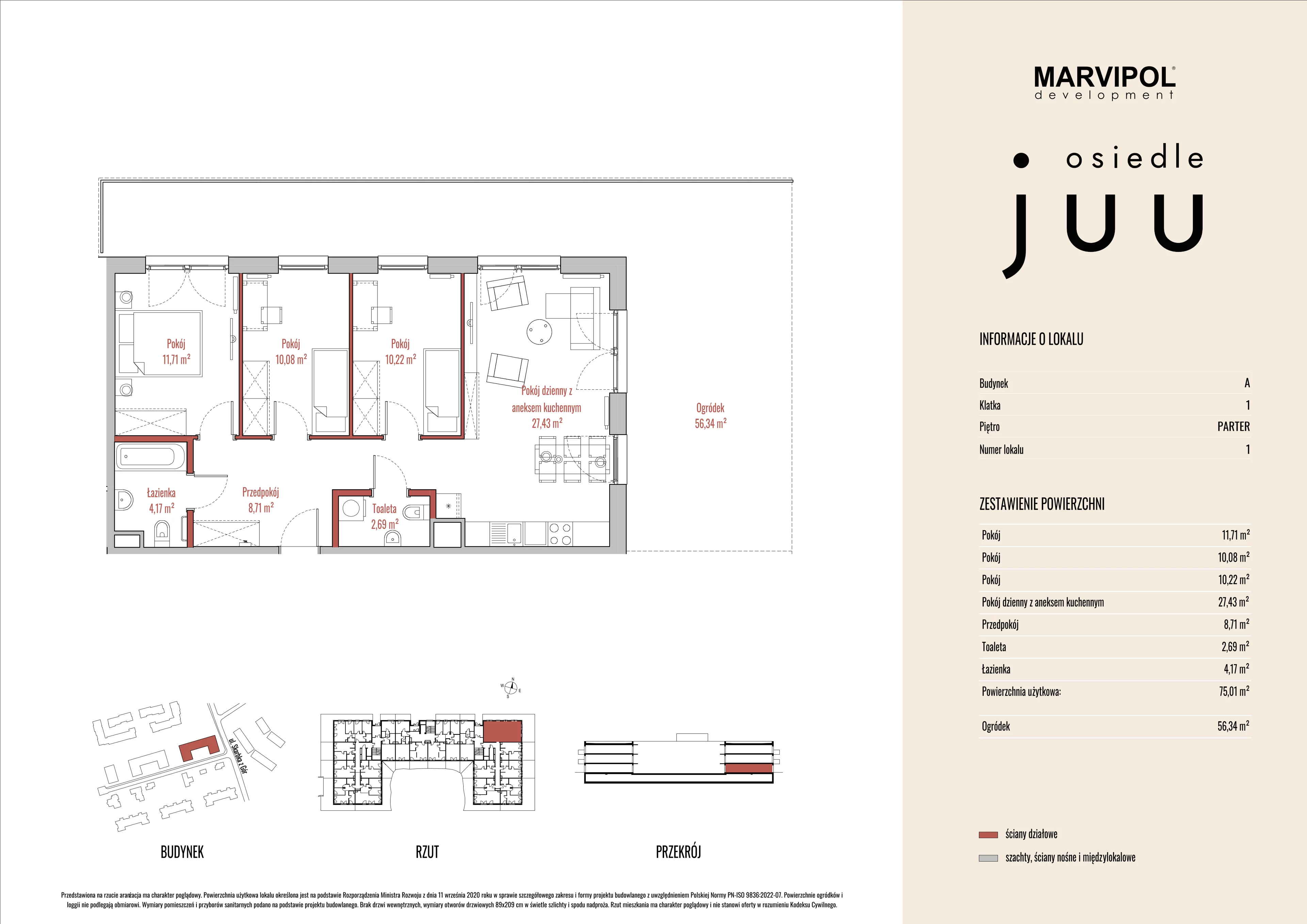 4 pokoje, mieszkanie 75,05 m², parter, oferta nr A/M001, Osiedle Juu, Warszawa, Białołęka, Grodzisk, ul. Skarbka z Gór 47