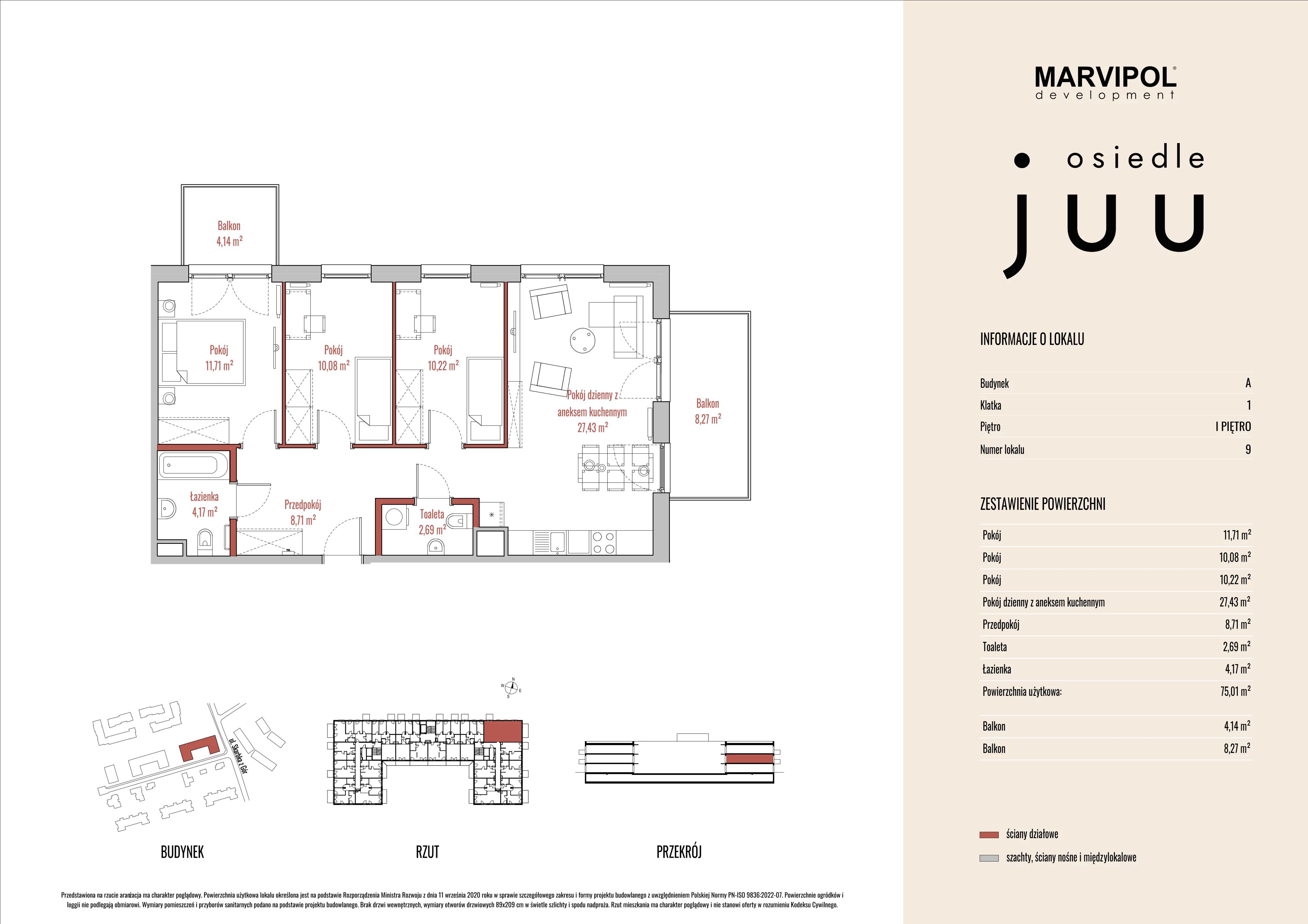 4 pokoje, mieszkanie 75,05 m², piętro 1, oferta nr A/M009, Osiedle Juu, Warszawa, Białołęka, Grodzisk, ul. Skarbka z Gór 47