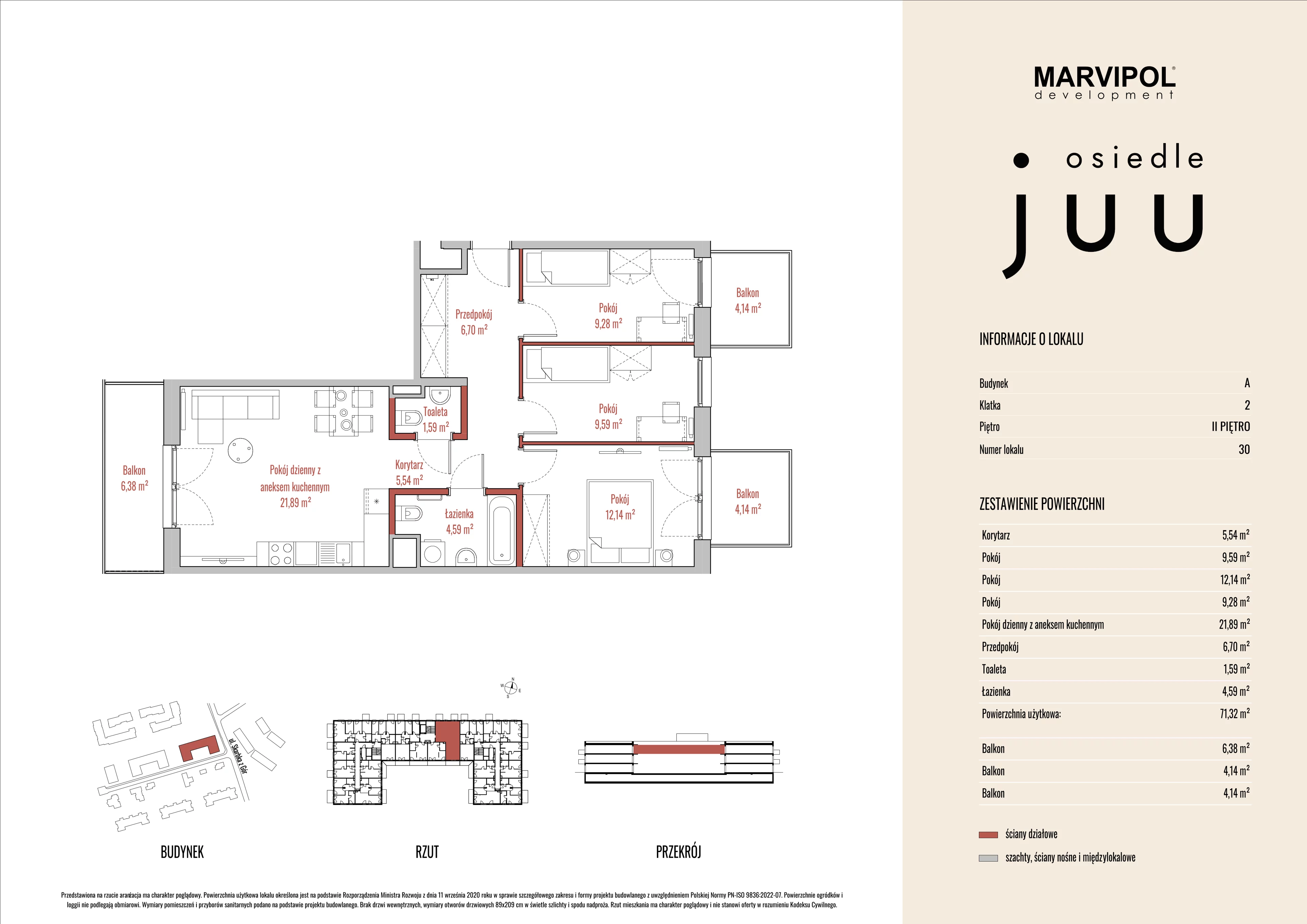 4 pokoje, mieszkanie 71,36 m², piętro 2, oferta nr A/M030, Osiedle Juu, Warszawa, Białołęka, Grodzisk, ul. Skarbka z Gór 47