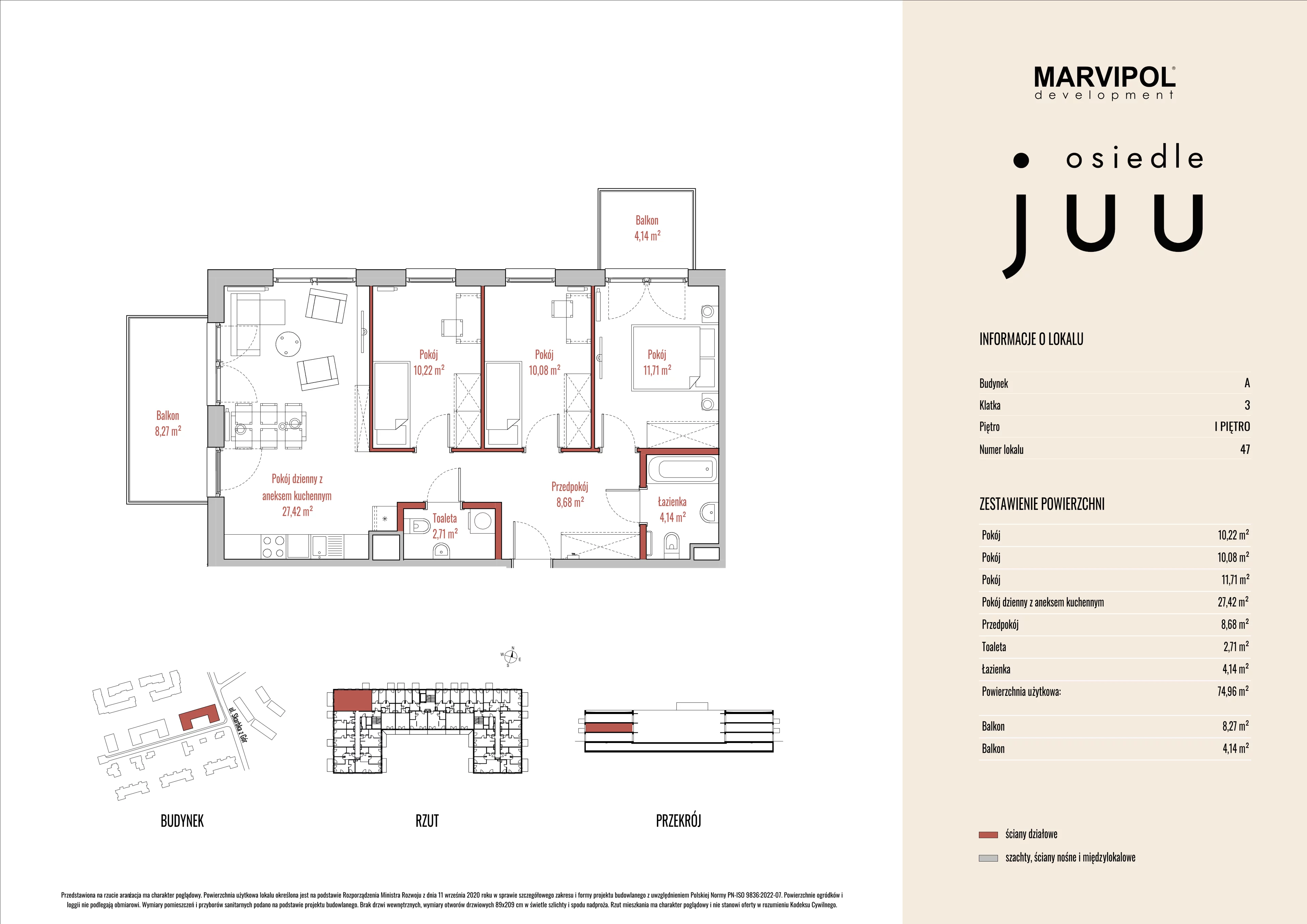 4 pokoje, mieszkanie 75,04 m², piętro 1, oferta nr A/M047, Osiedle Juu, Warszawa, Białołęka, Grodzisk, ul. Skarbka z Gór 47