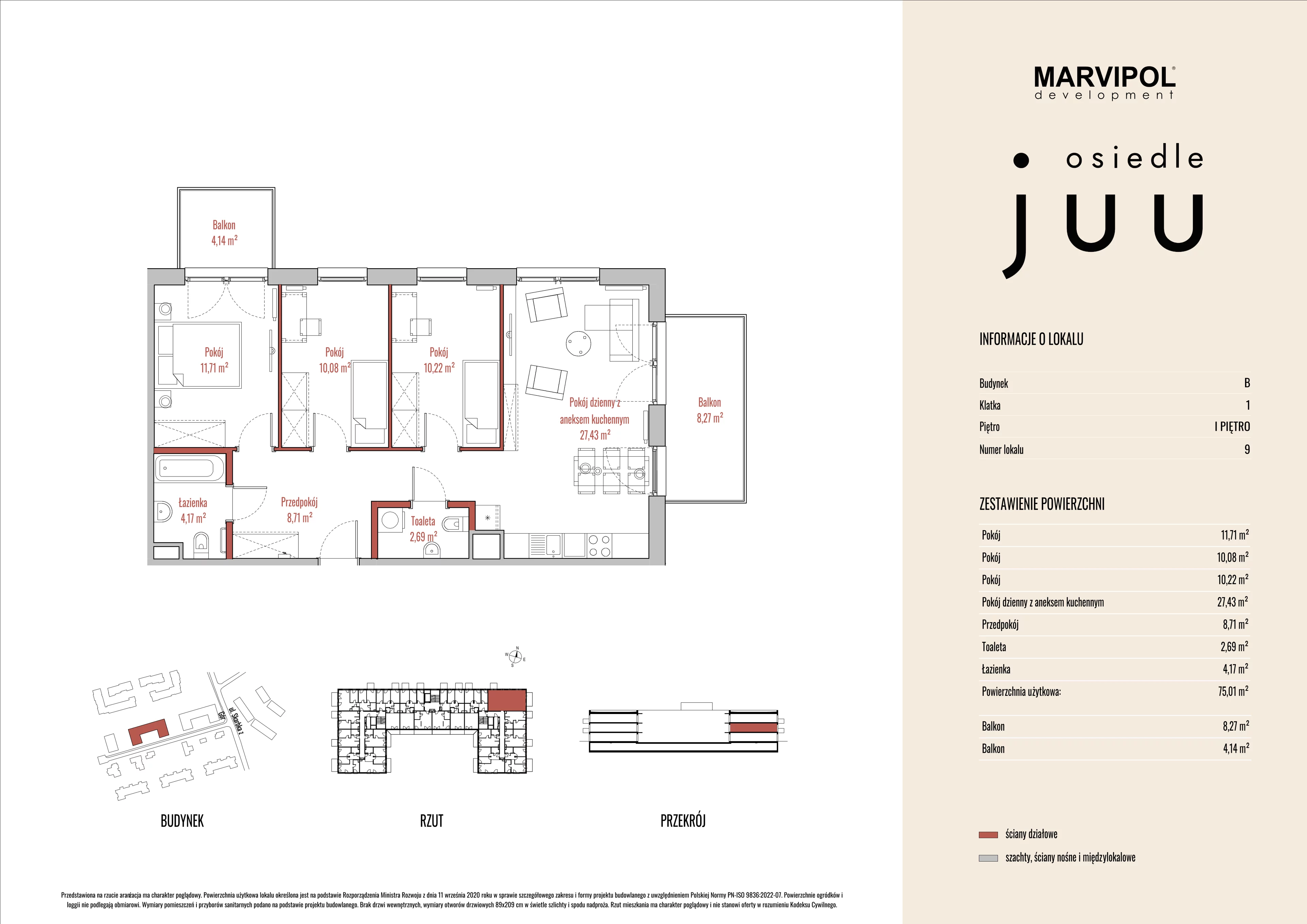 4 pokoje, mieszkanie 75,05 m², piętro 1, oferta nr B/M009, Osiedle Juu, Warszawa, Białołęka, Grodzisk, ul. Skarbka z Gór 47