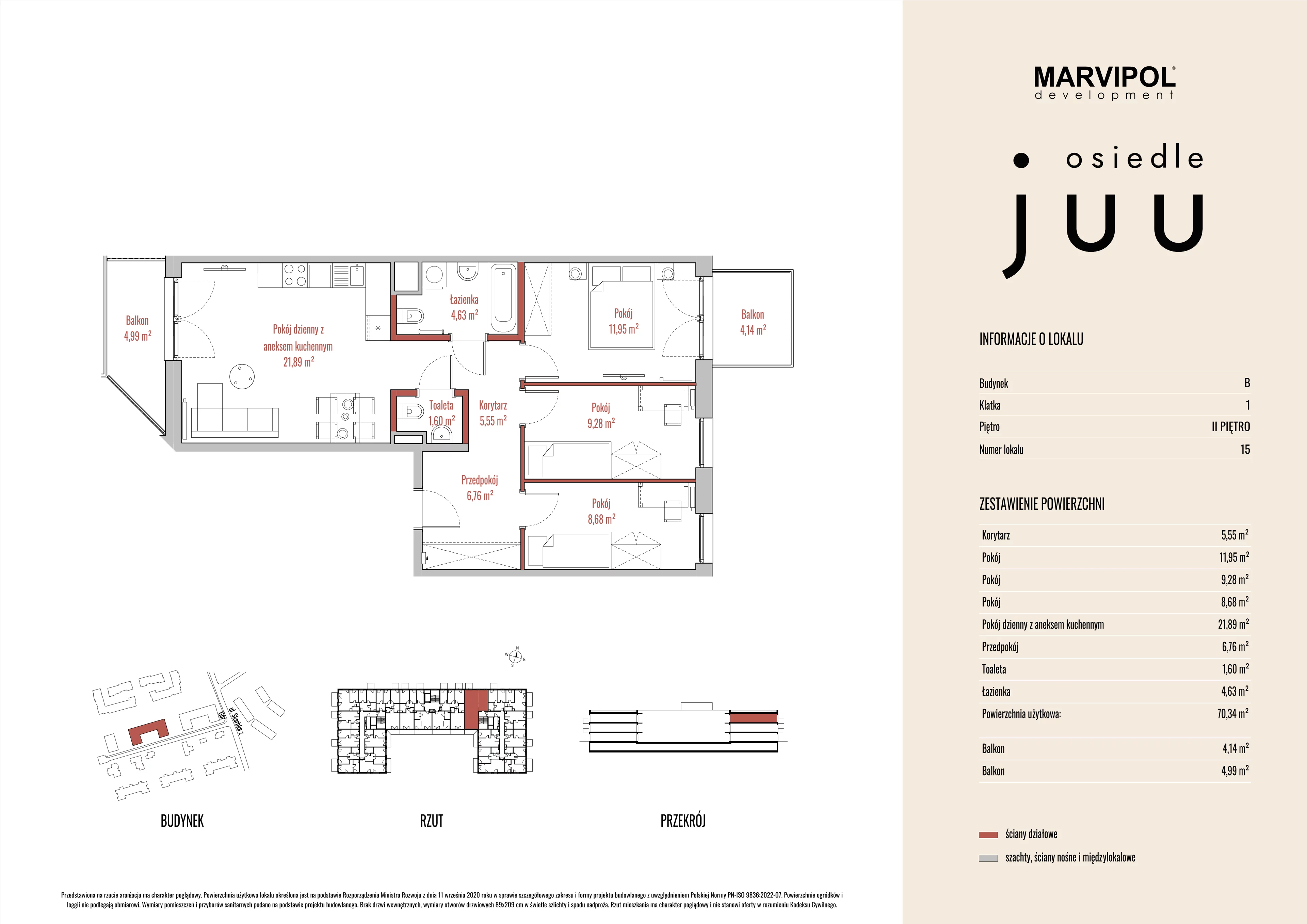 4 pokoje, mieszkanie 70,34 m², piętro 2, oferta nr B/M015, Osiedle Juu, Warszawa, Białołęka, Grodzisk, ul. Skarbka z Gór 47