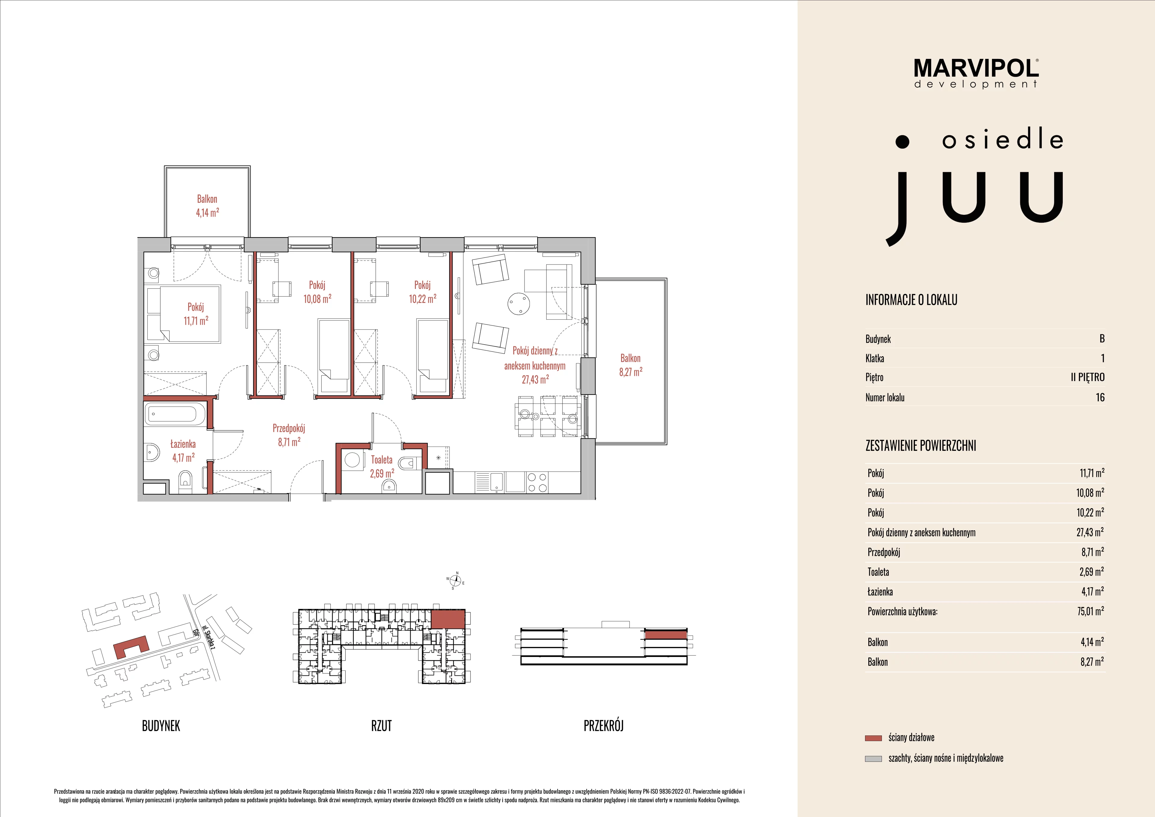 4 pokoje, mieszkanie 75,05 m², piętro 2, oferta nr B/M016, Osiedle Juu, Warszawa, Białołęka, Grodzisk, ul. Skarbka z Gór 47