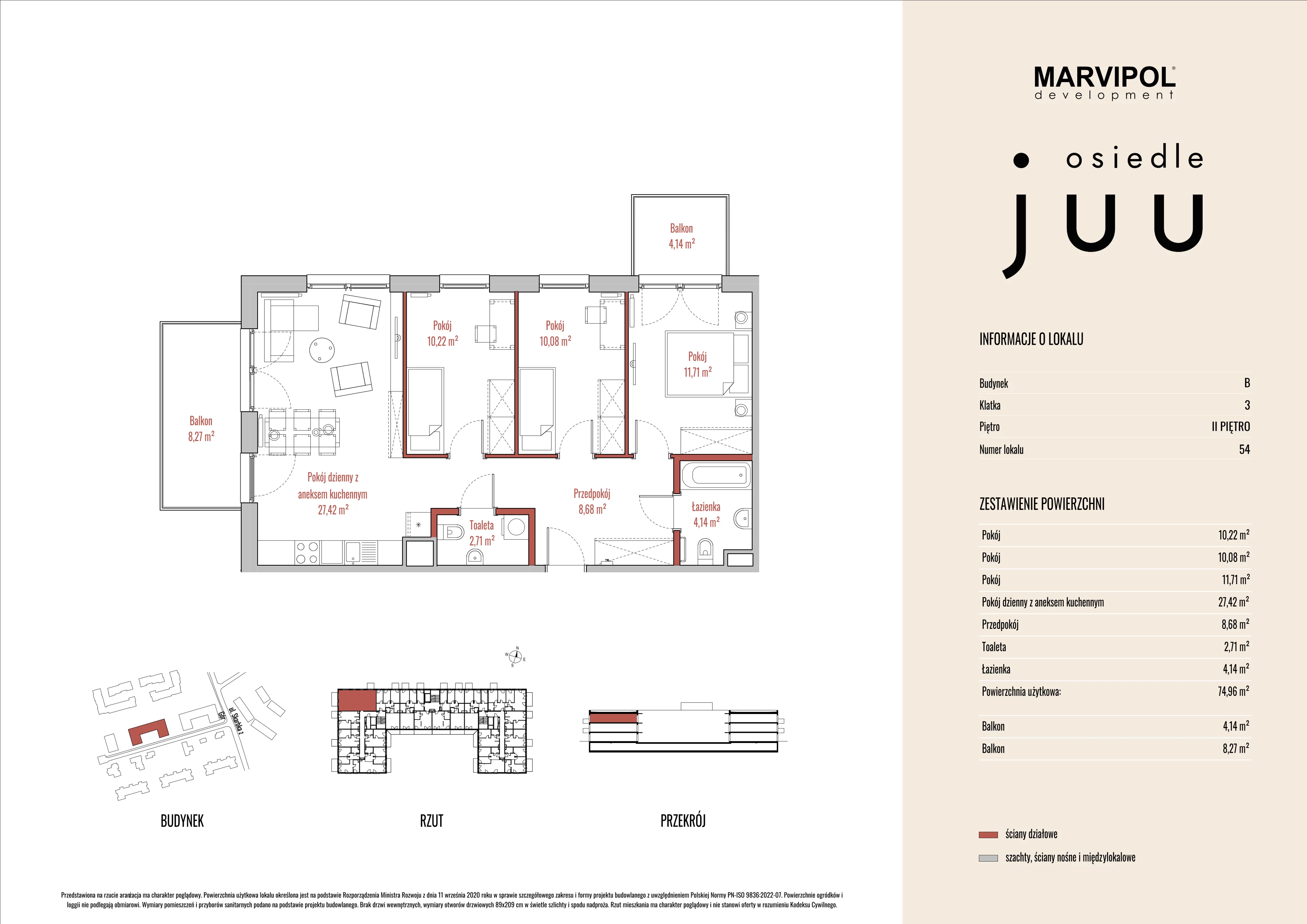 4 pokoje, mieszkanie 75,04 m², piętro 2, oferta nr B/M054, Osiedle Juu, Warszawa, Białołęka, Grodzisk, ul. Skarbka z Gór 47