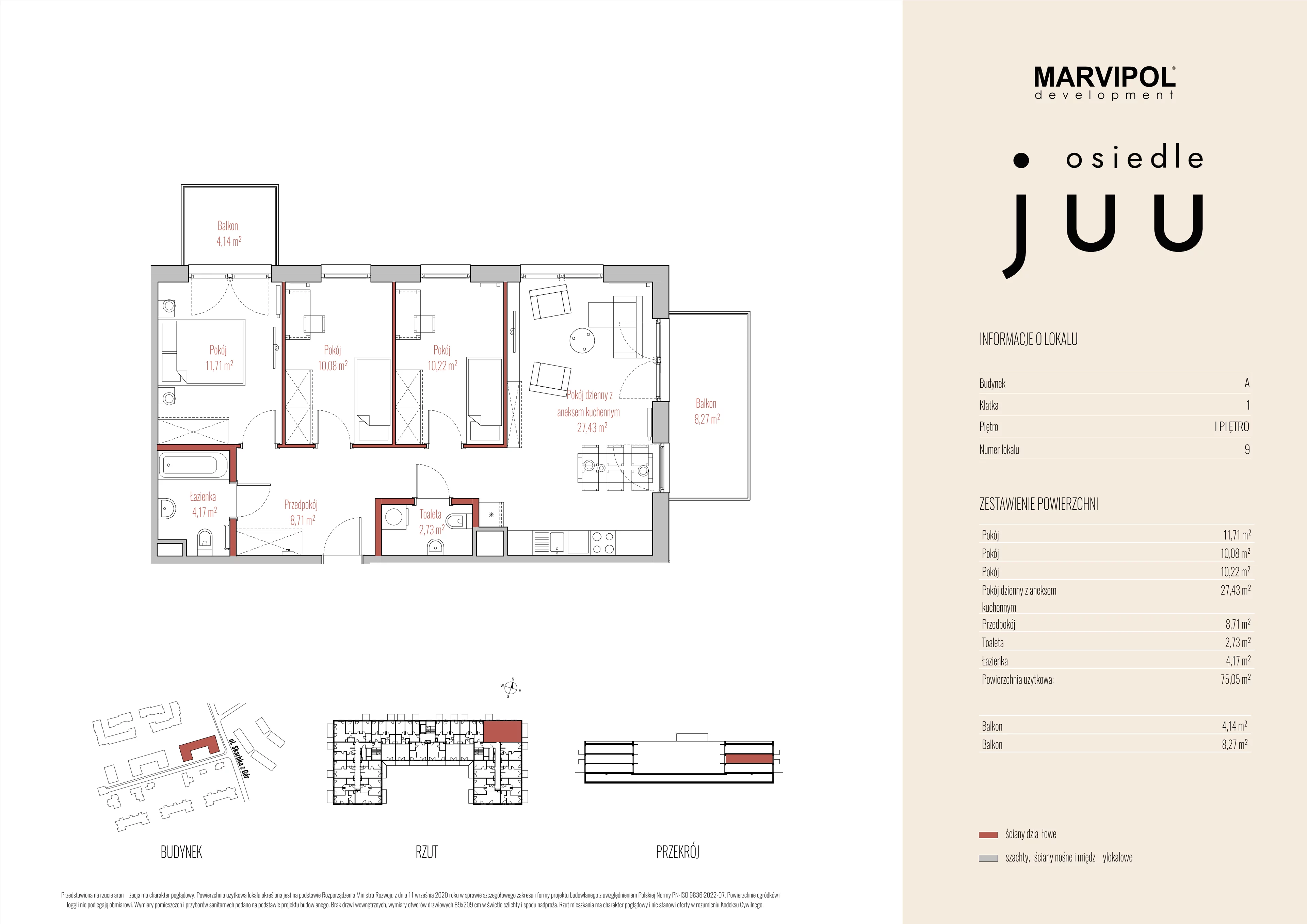 4 pokoje, mieszkanie 75,05 m², piętro 1, oferta nr A/M009, Osiedle Juu, Warszawa, Białołęka, Grodzisk, ul. Skarbka z Gór 47