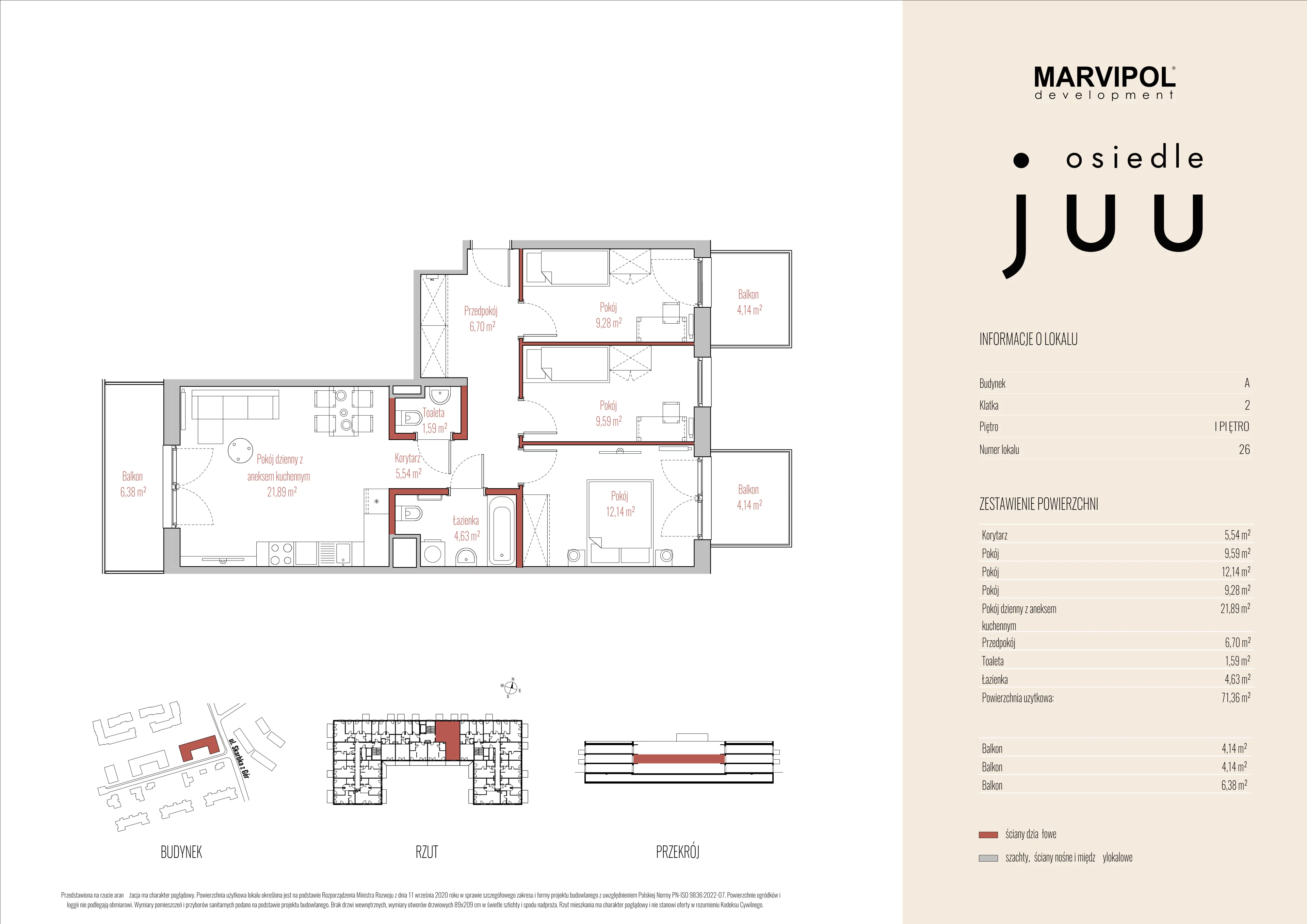 4 pokoje, mieszkanie 71,36 m², piętro 1, oferta nr A/M026, Osiedle Juu, Warszawa, Białołęka, Grodzisk, ul. Skarbka z Gór 47