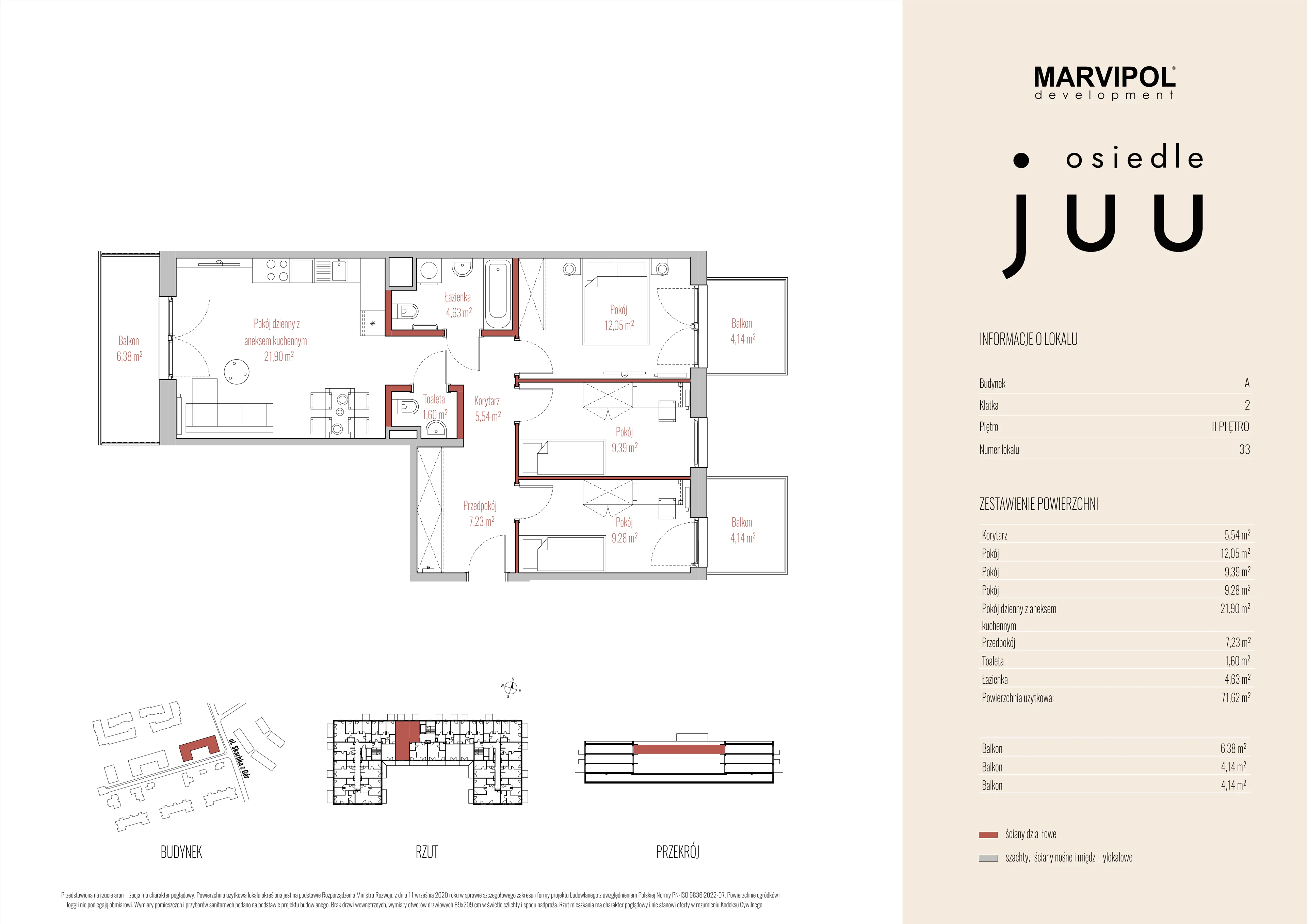 4 pokoje, mieszkanie 71,62 m², piętro 2, oferta nr A/M033, Osiedle Juu, Warszawa, Białołęka, Grodzisk, ul. Skarbka z Gór 47