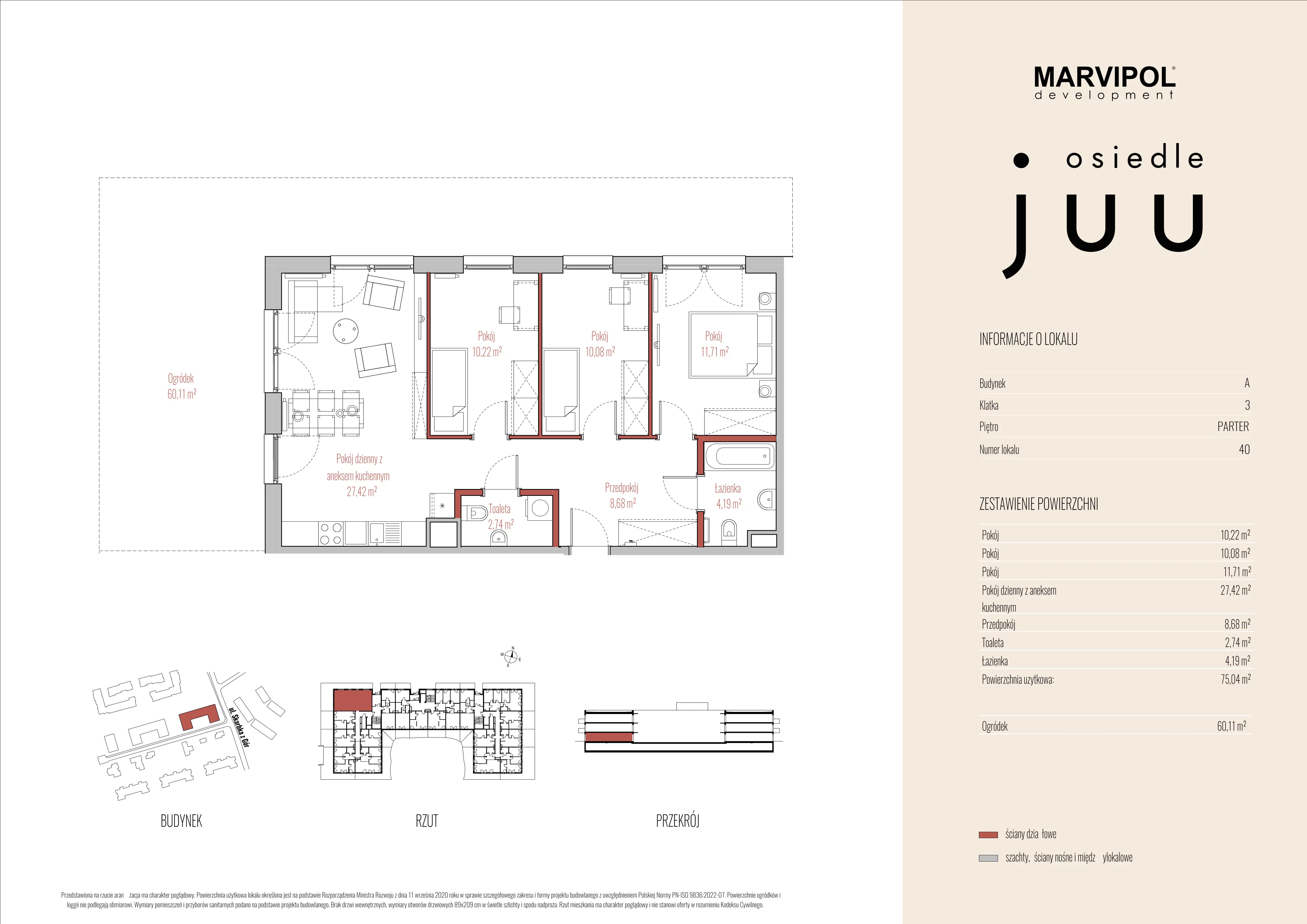 4 pokoje, mieszkanie 75,04 m², parter, oferta nr A/M040, Osiedle Juu, Warszawa, Białołęka, Grodzisk, ul. Skarbka z Gór 47