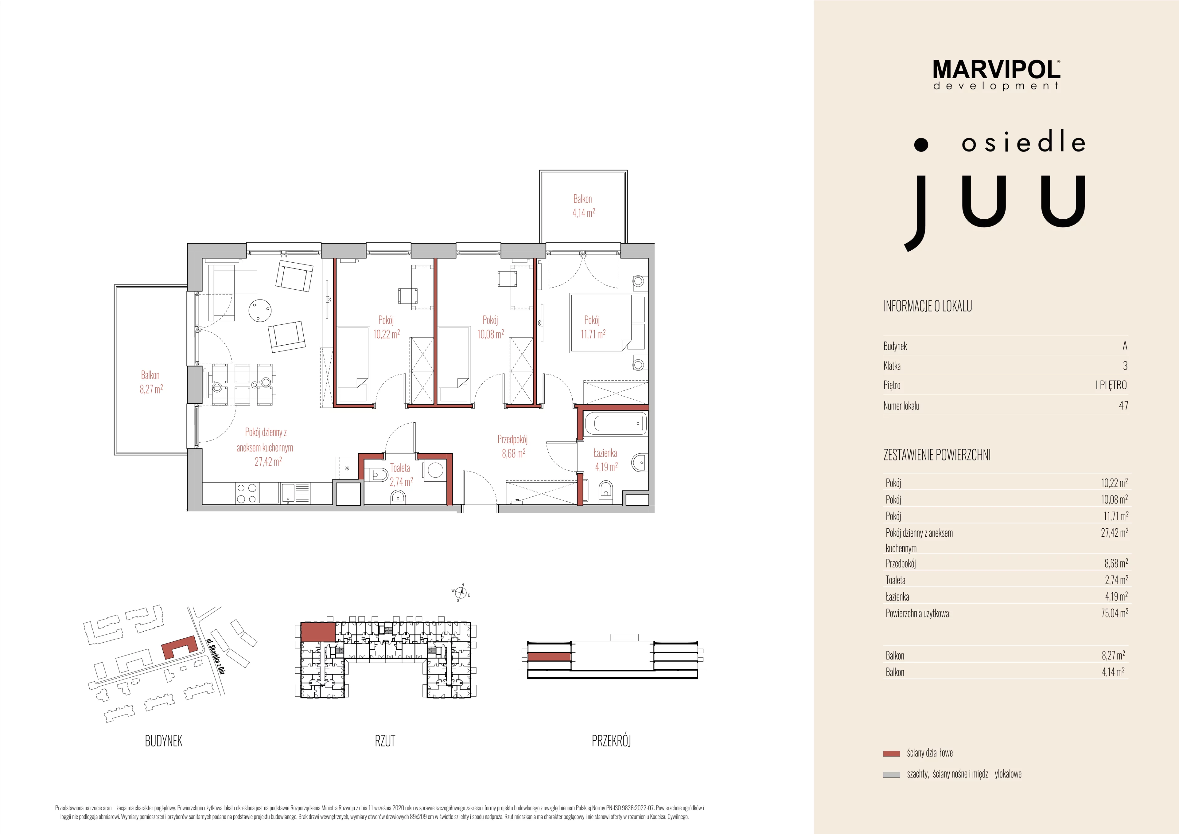 4 pokoje, mieszkanie 75,04 m², piętro 1, oferta nr A/M047, Osiedle Juu, Warszawa, Białołęka, Grodzisk, ul. Skarbka z Gór 47
